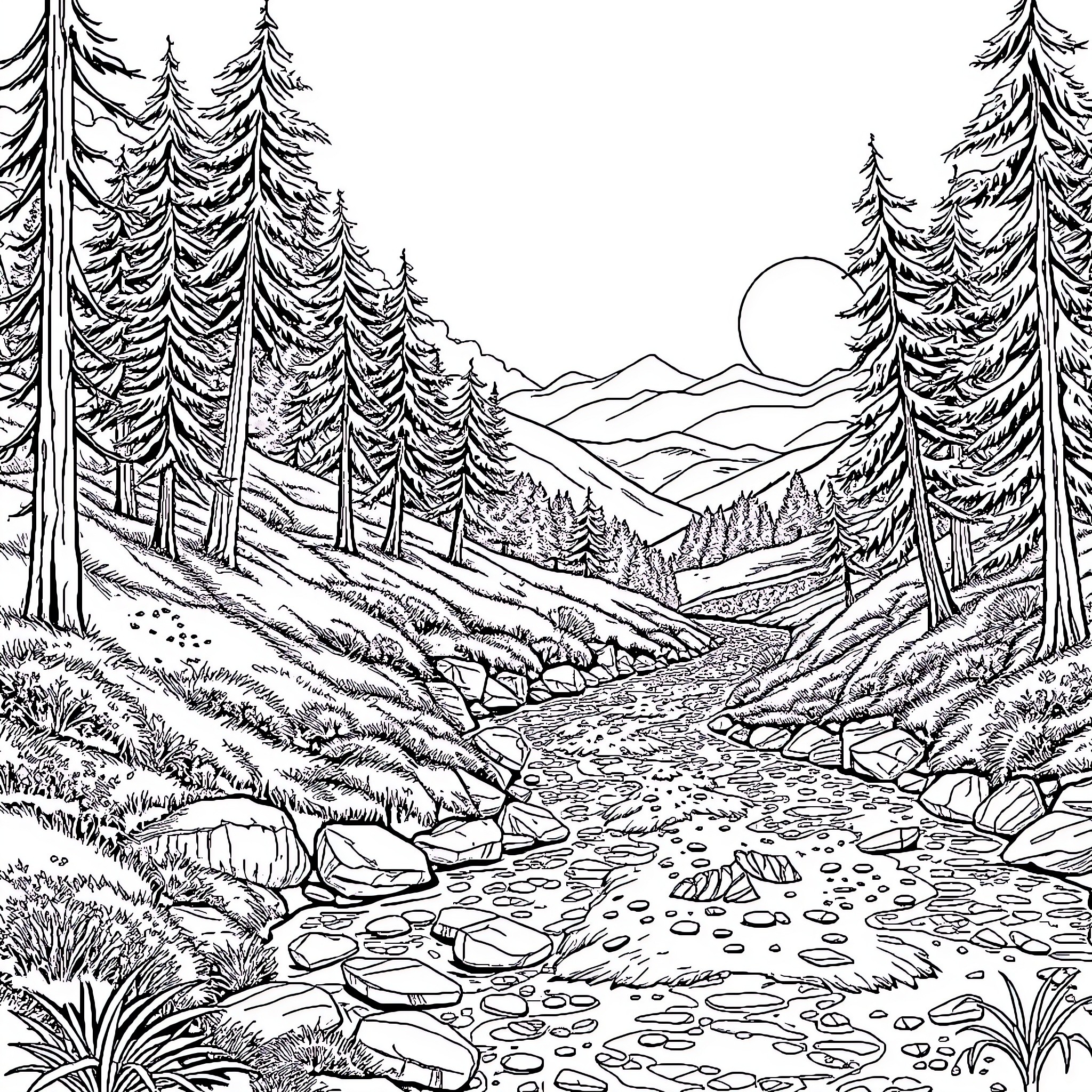 River flowing through serene forest landscape Coloring Page (free black-and-white line drawing printable PDF for all, from beginners to advanced learners, including children, teens, adults, and seniors)