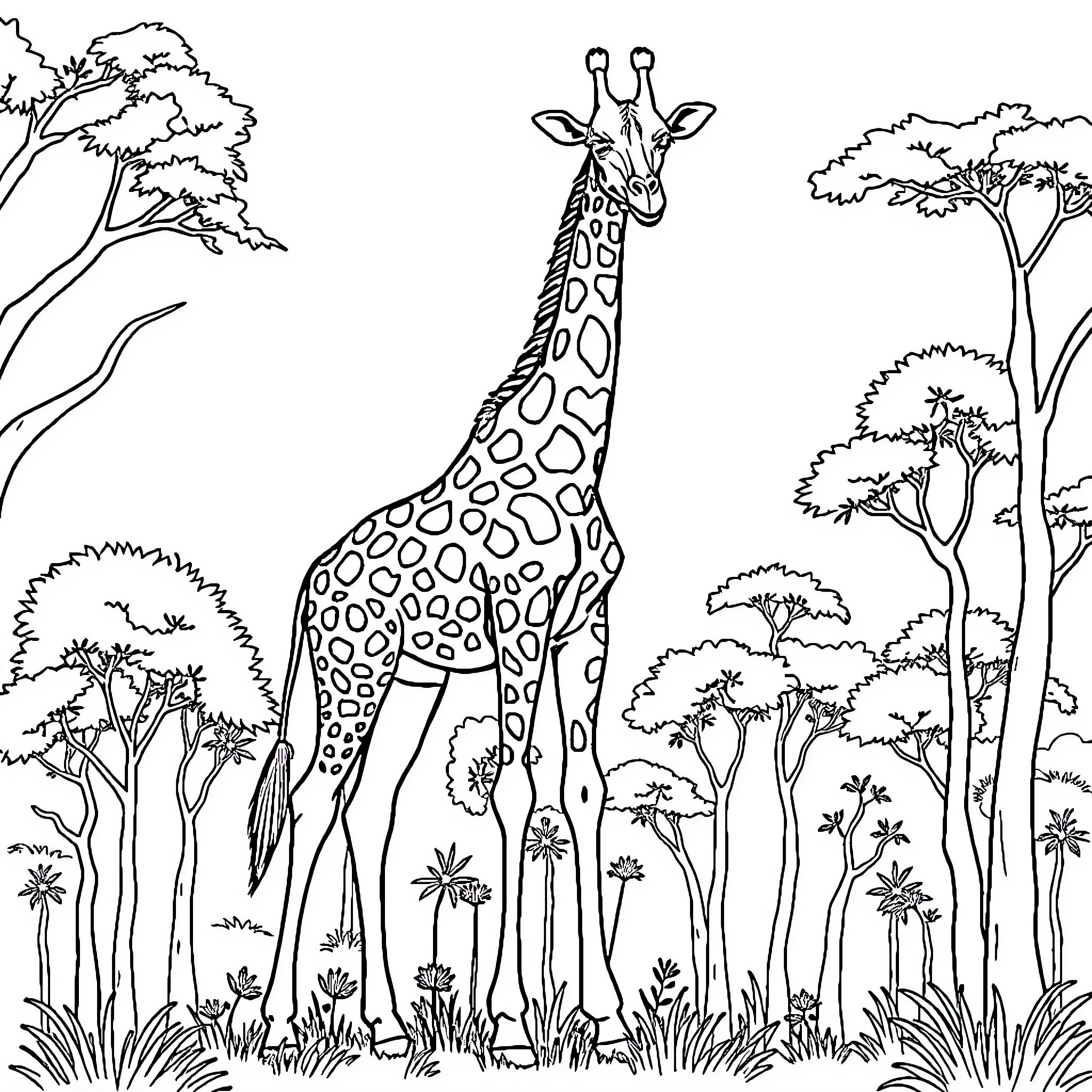 Giraffe standing tall amidst the serene wilderness Coloring Page (free black-and-white line drawing printable PDF for all, from beginners to advanced learners, including children, teens, adults, and seniors)