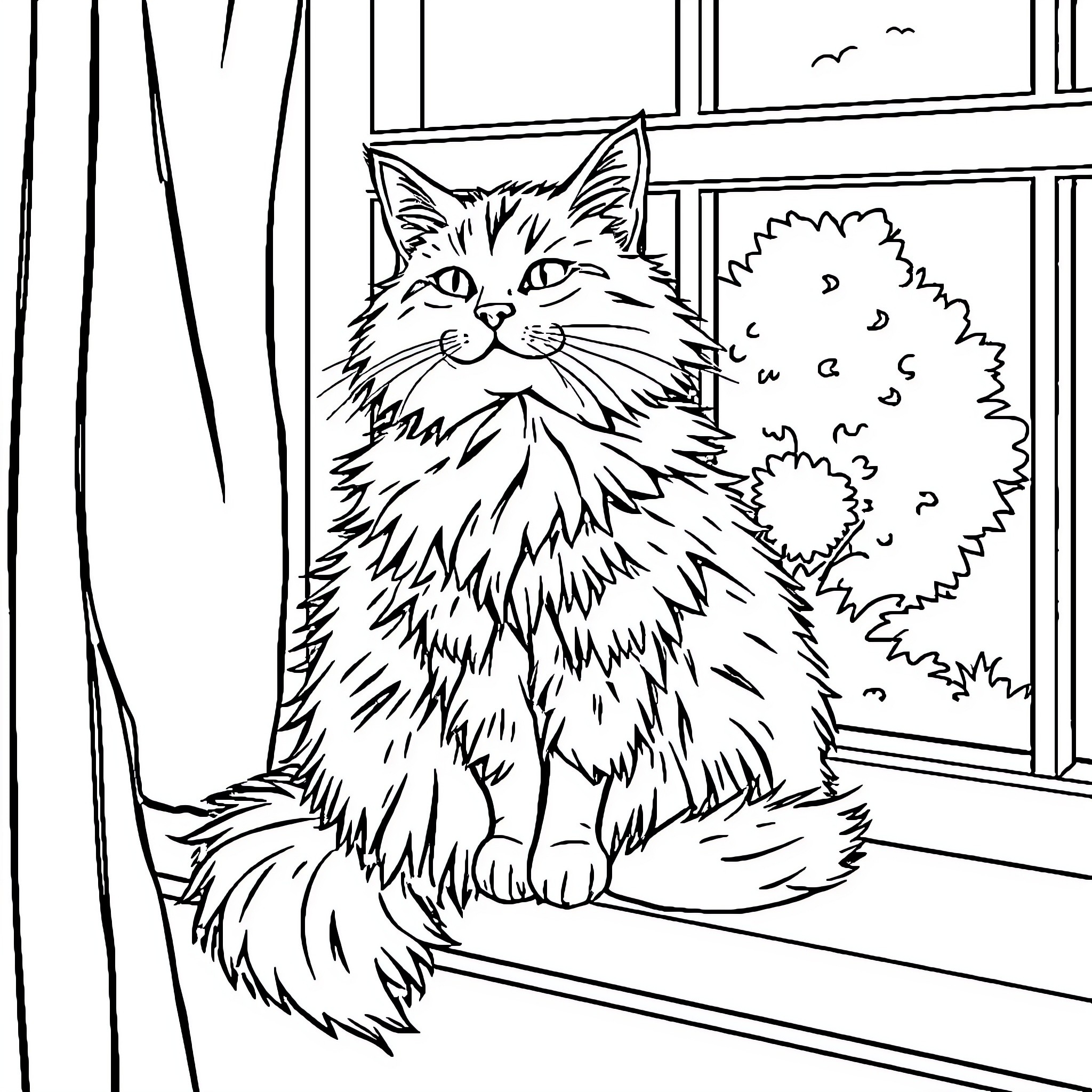 Cat gazing out of the window Coloring Page (free black-and-white line drawing printable PDF for all, from beginners to advanced learners, including children, teens, adults, and seniors)