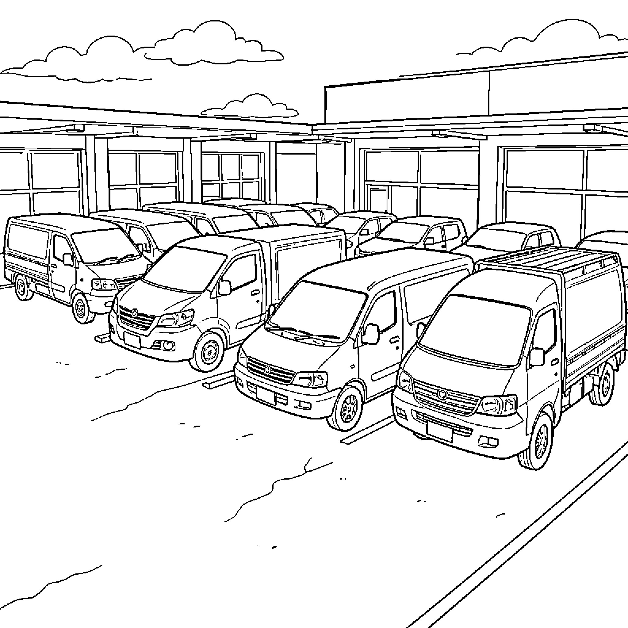 Trucks parked in a row at a lot Coloring Page (free black-and-white line drawing printable PDF for all, from beginners to advanced learners, including children, teens, adults, and seniors)