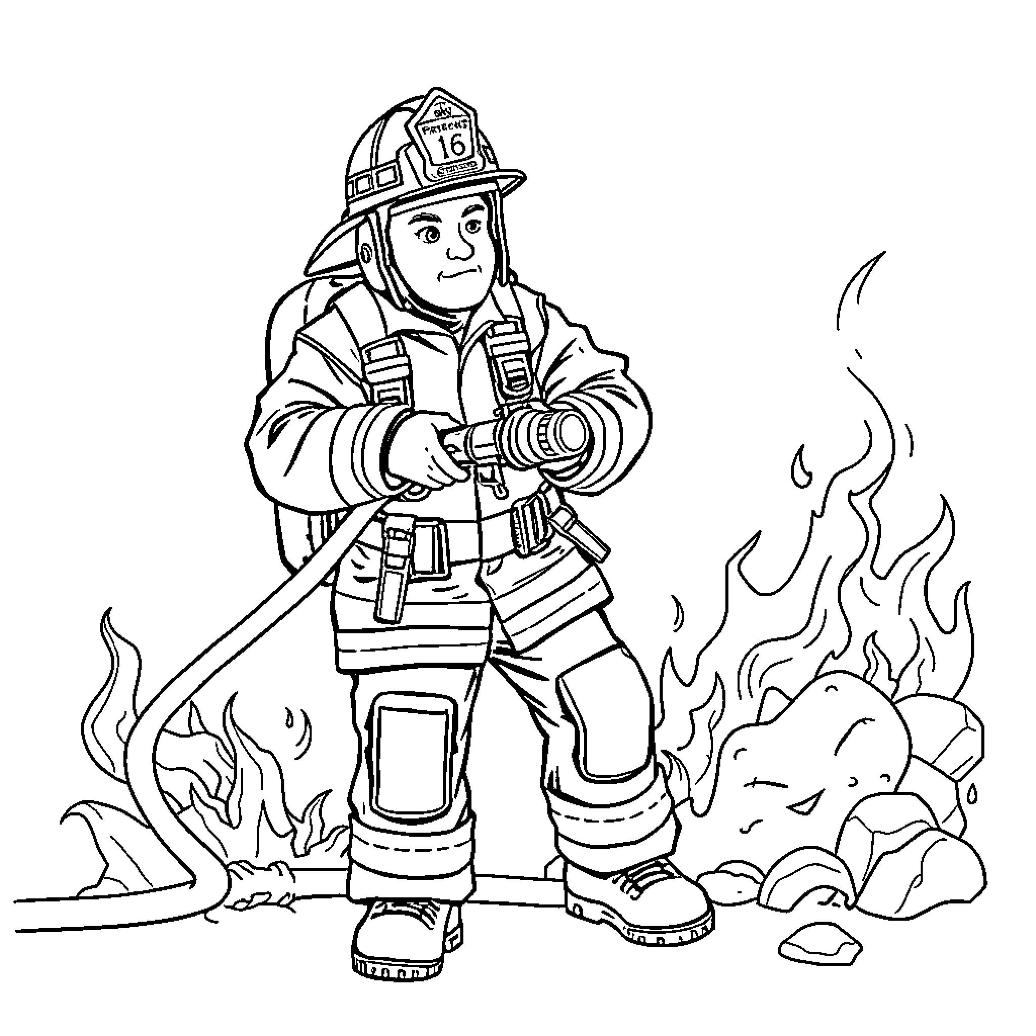 Firefighter battling flames and smoke Coloring Page (free black-and-white line drawing printable PDF for all, from beginners to advanced learners, including children, teens, adults, and seniors)