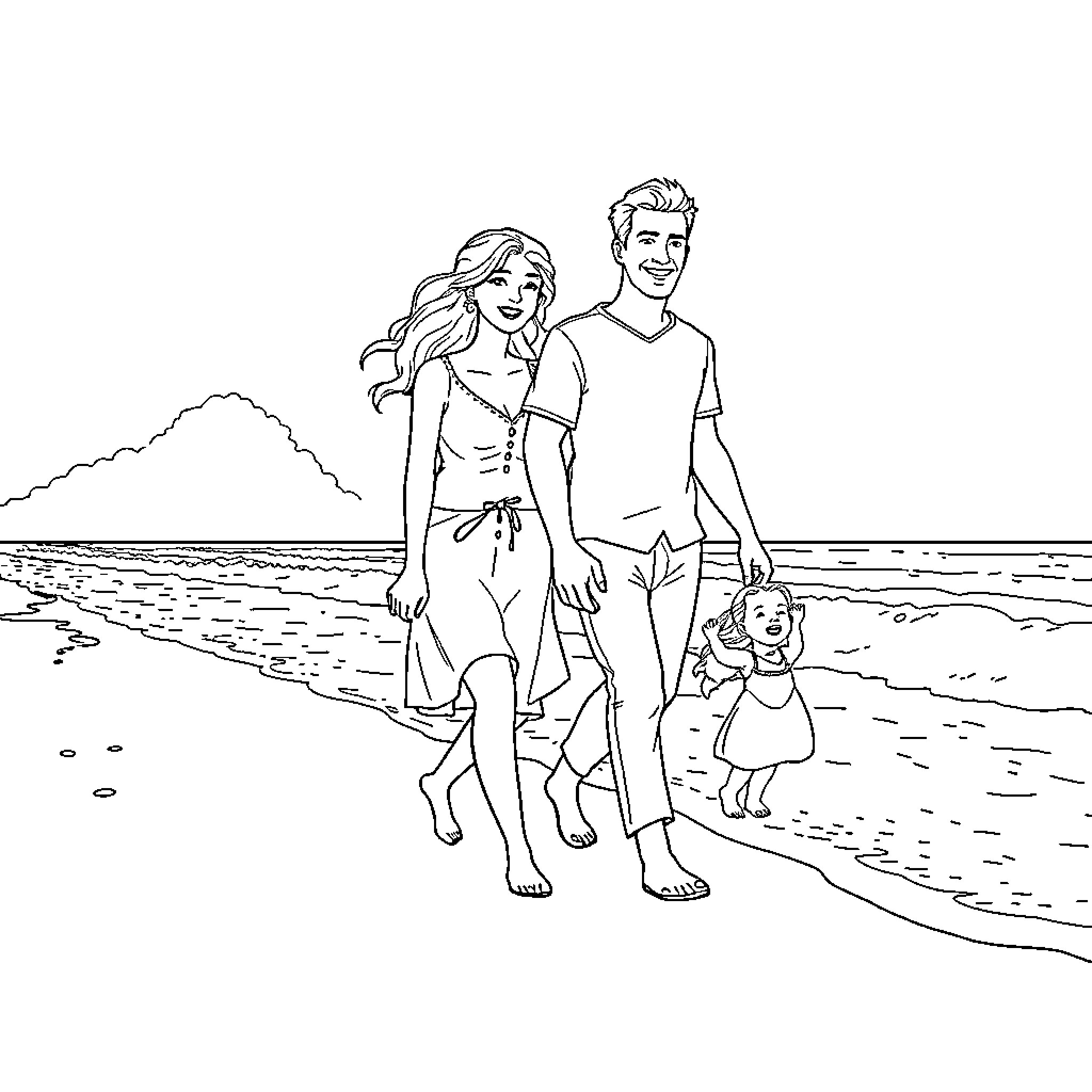 Family enjoying a day at the beach Coloring Page (free black-and-white line drawing printable PDF for all, from beginners to advanced learners, including children, teens, adults, and seniors)