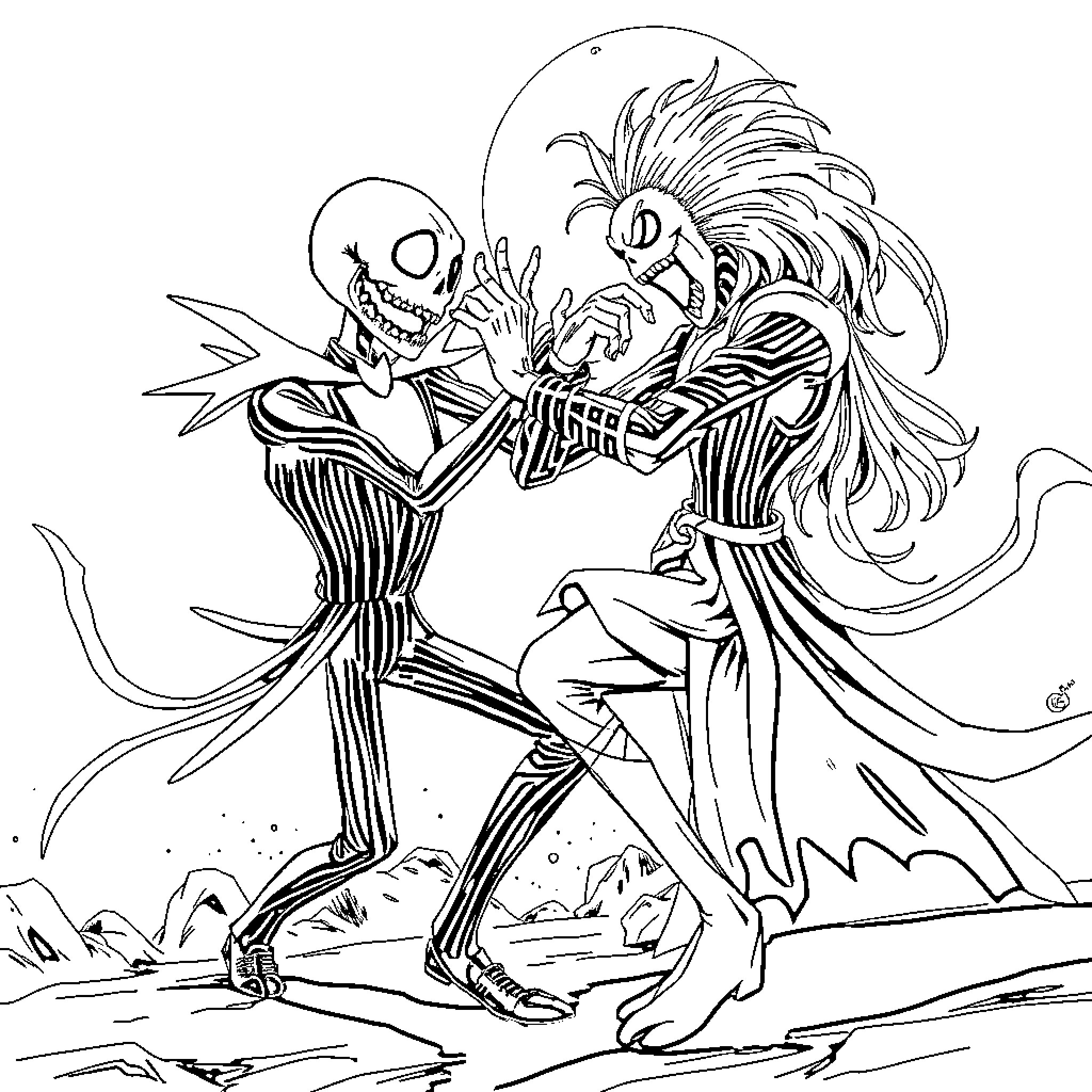 Jack Skeleton dancing joyfully with Sally Coloring Page (free black-and-white line drawing printable PDF for all, from beginners to advanced learners, including children, teens, adults, and seniors)