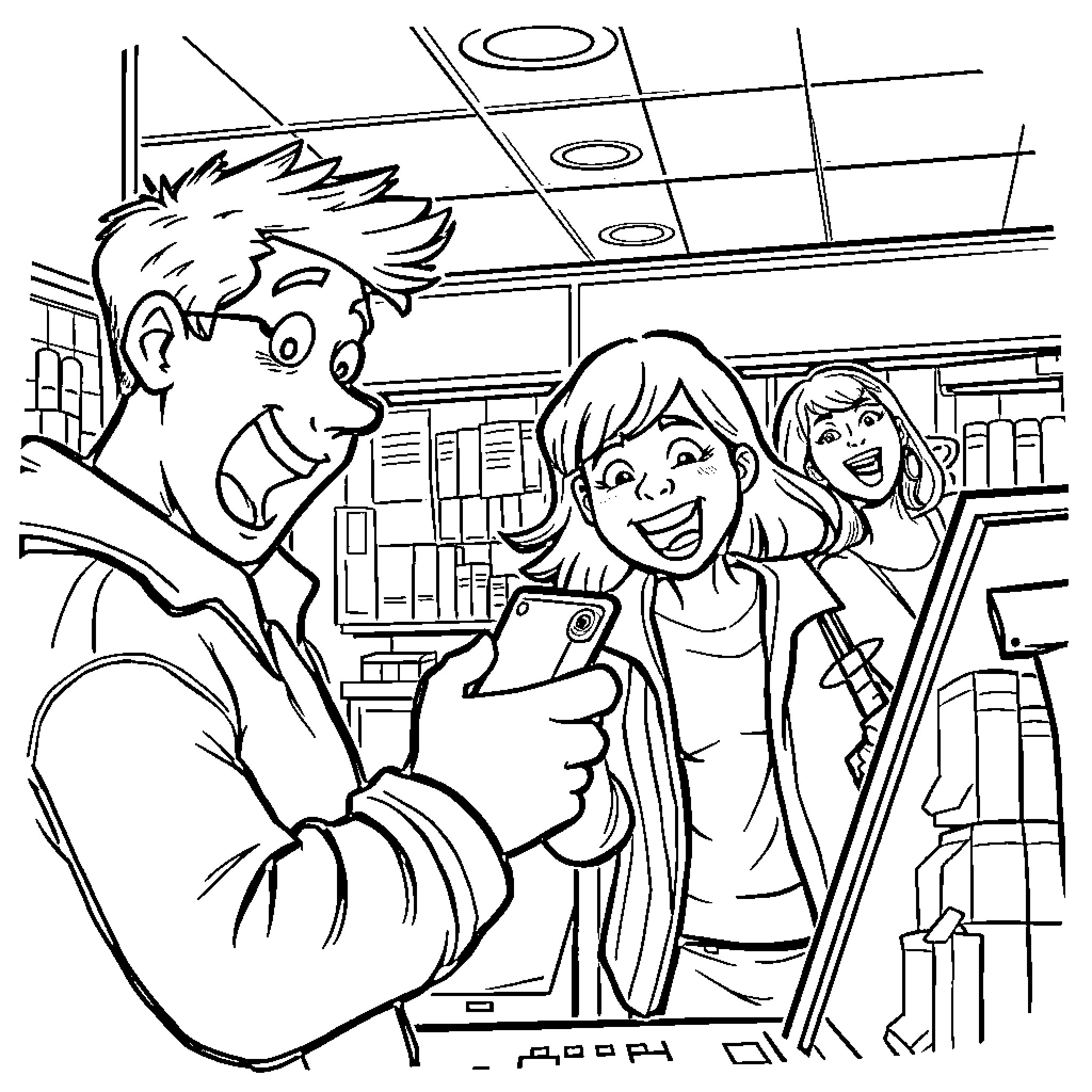 Phone Fun with Friends in the Library Coloring Page (free black-and-white line drawing printable PDF for all, from beginners to advanced learners, including children, teens, adults, and seniors)