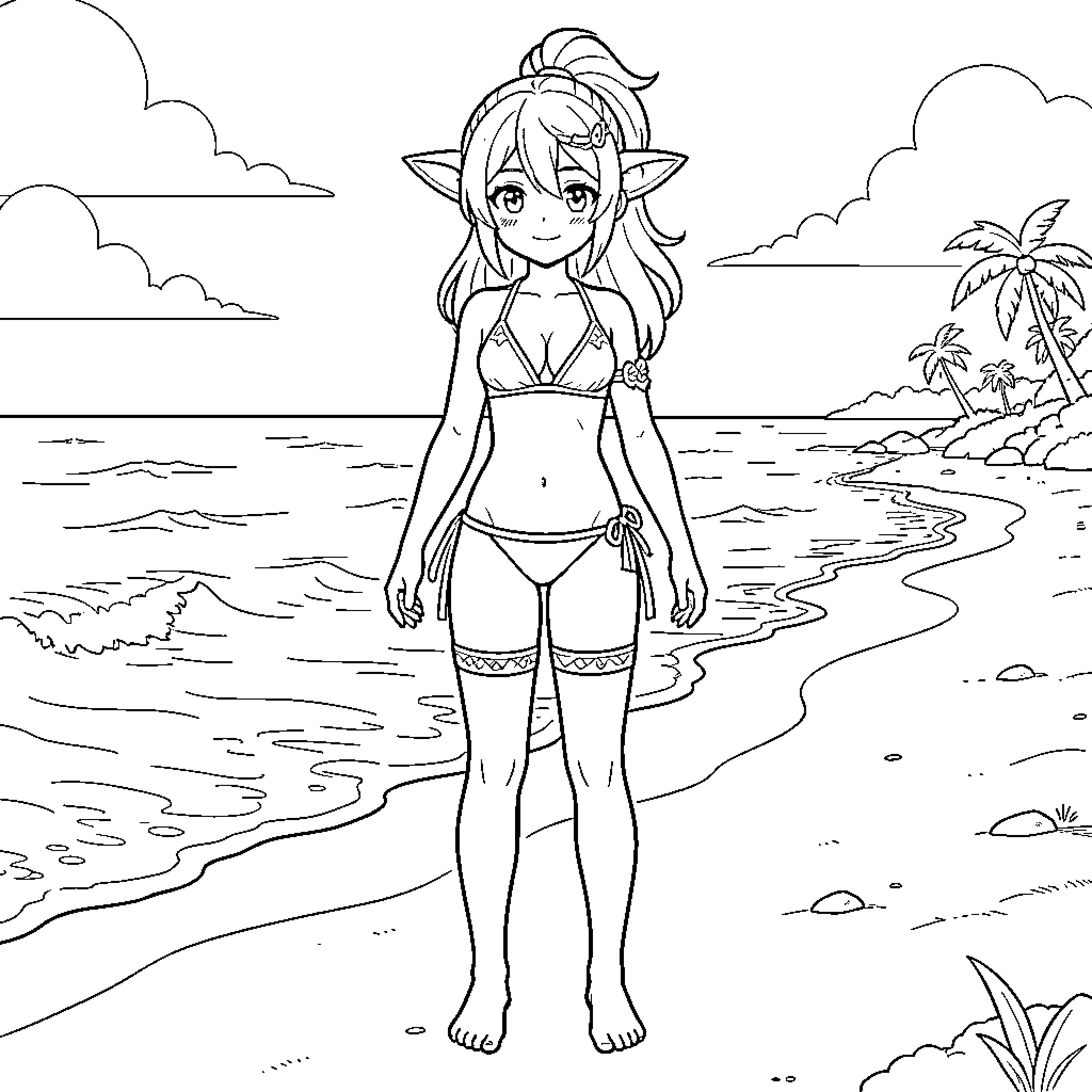 Eula standing on a beach wearing a bikini Coloring Page (free black-and-white line drawing printable PDF for all, from beginners to advanced learners, including children, teens, adults, and seniors)