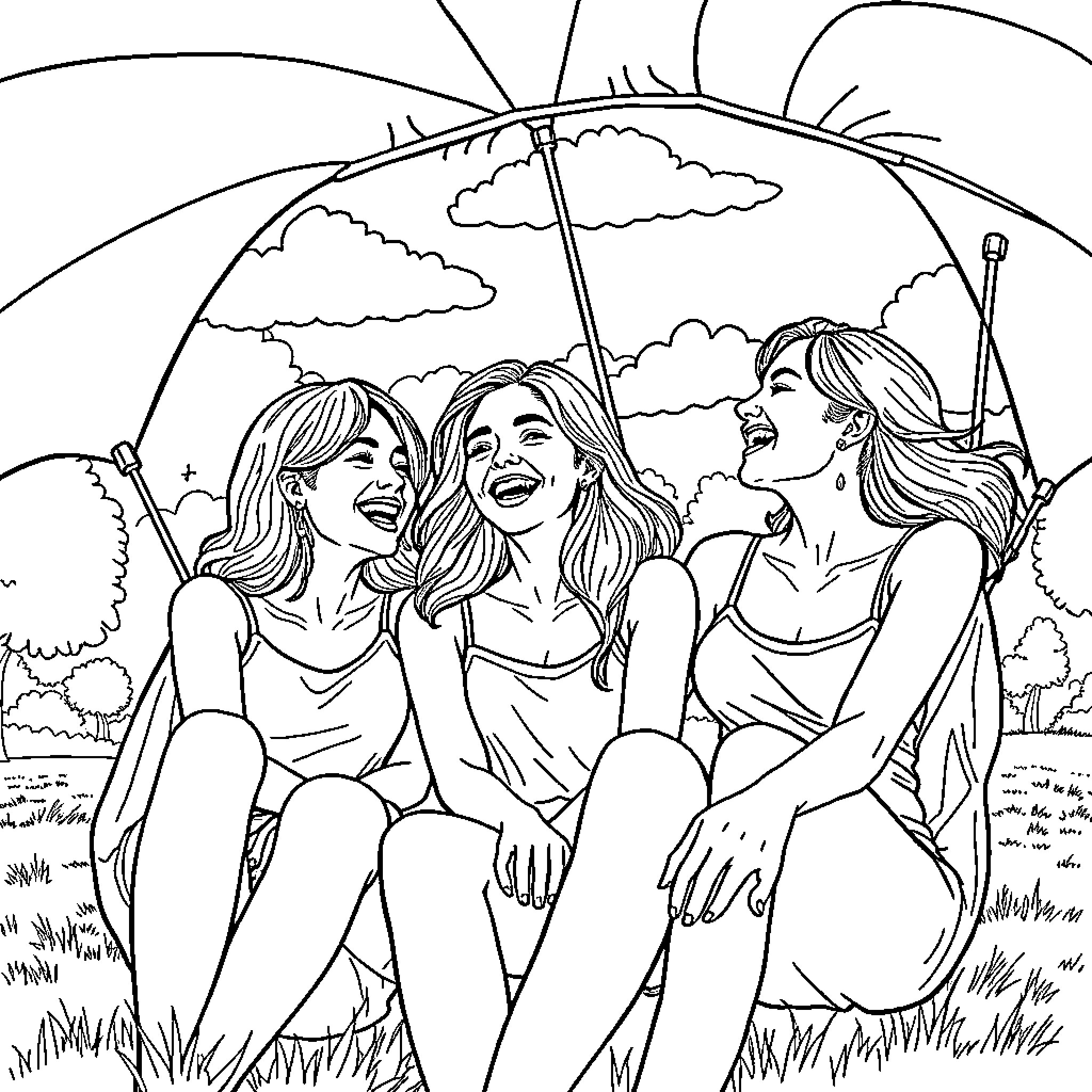 Friends laughing together under a sunny sky Coloring Page (free black-and-white line drawing printable PDF for all, from beginners to advanced learners, including children, teens, adults, and seniors)