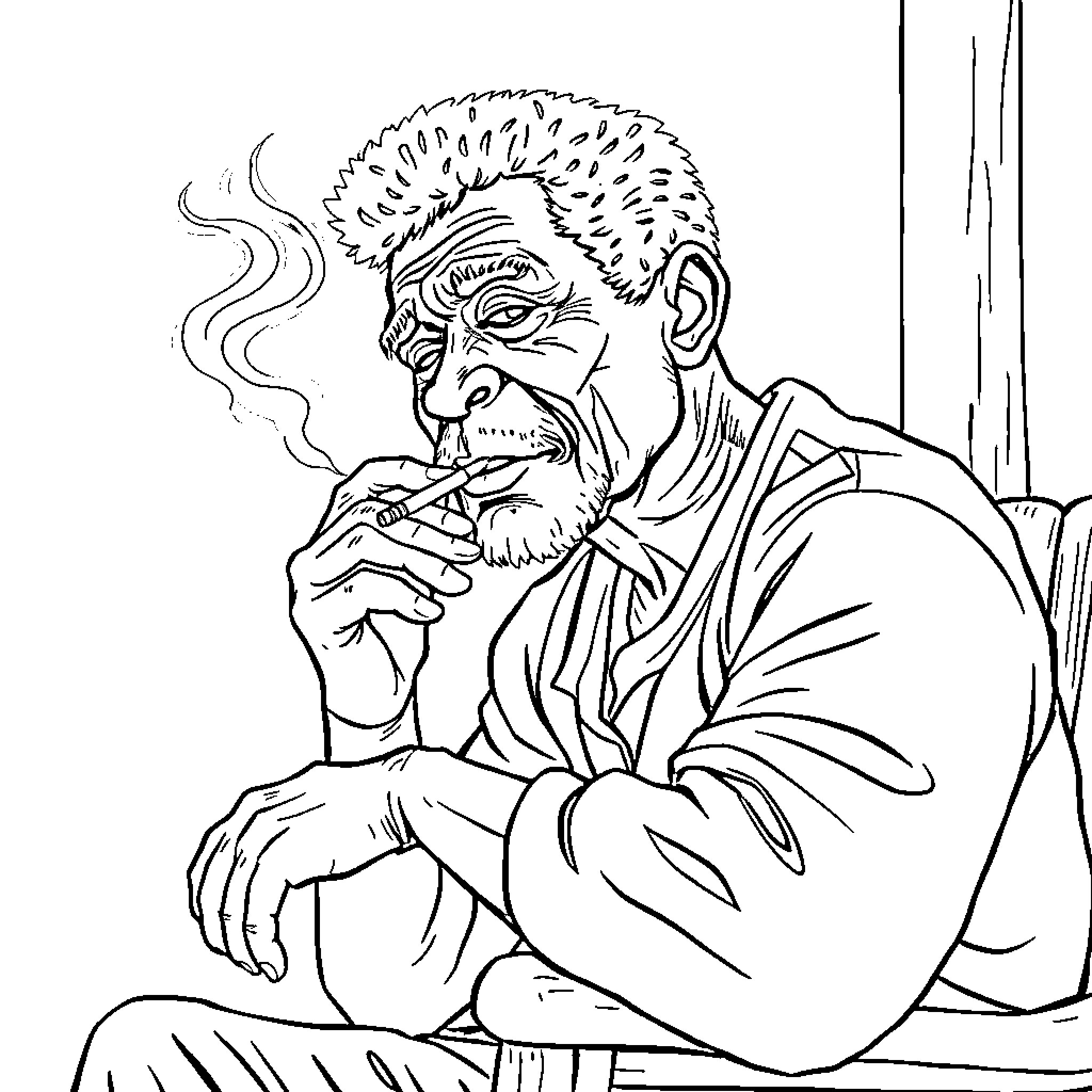 Labubu's Pensive Moment in the City Coloring Page (free black-and-white line drawing printable PDF for all, from beginners to advanced learners, including children, teens, adults, and seniors)