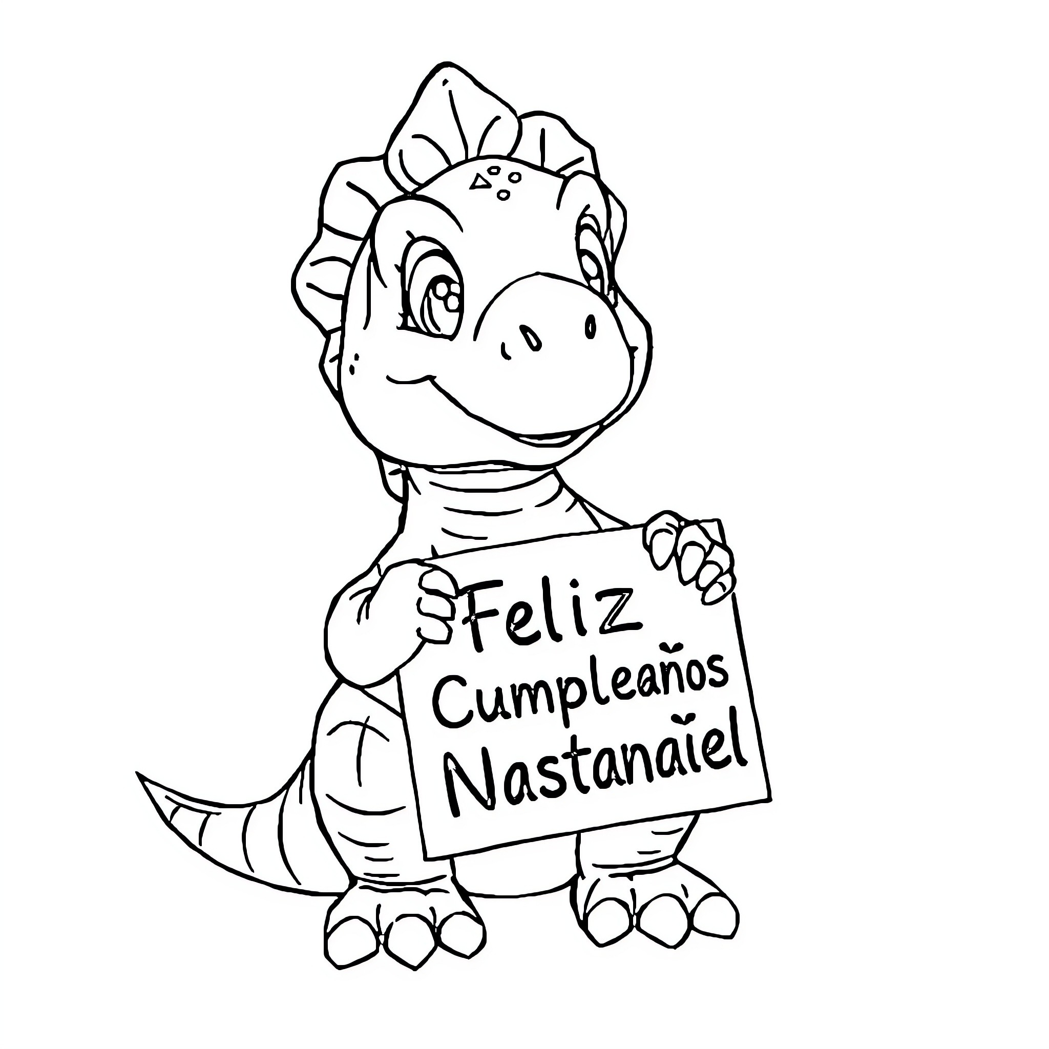 Tiranosaurio Rex celebrating birthday with sign Coloring Page (free black-and-white line drawing printable PDF for all, from beginners to advanced learners, including children, teens, adults, and seniors)