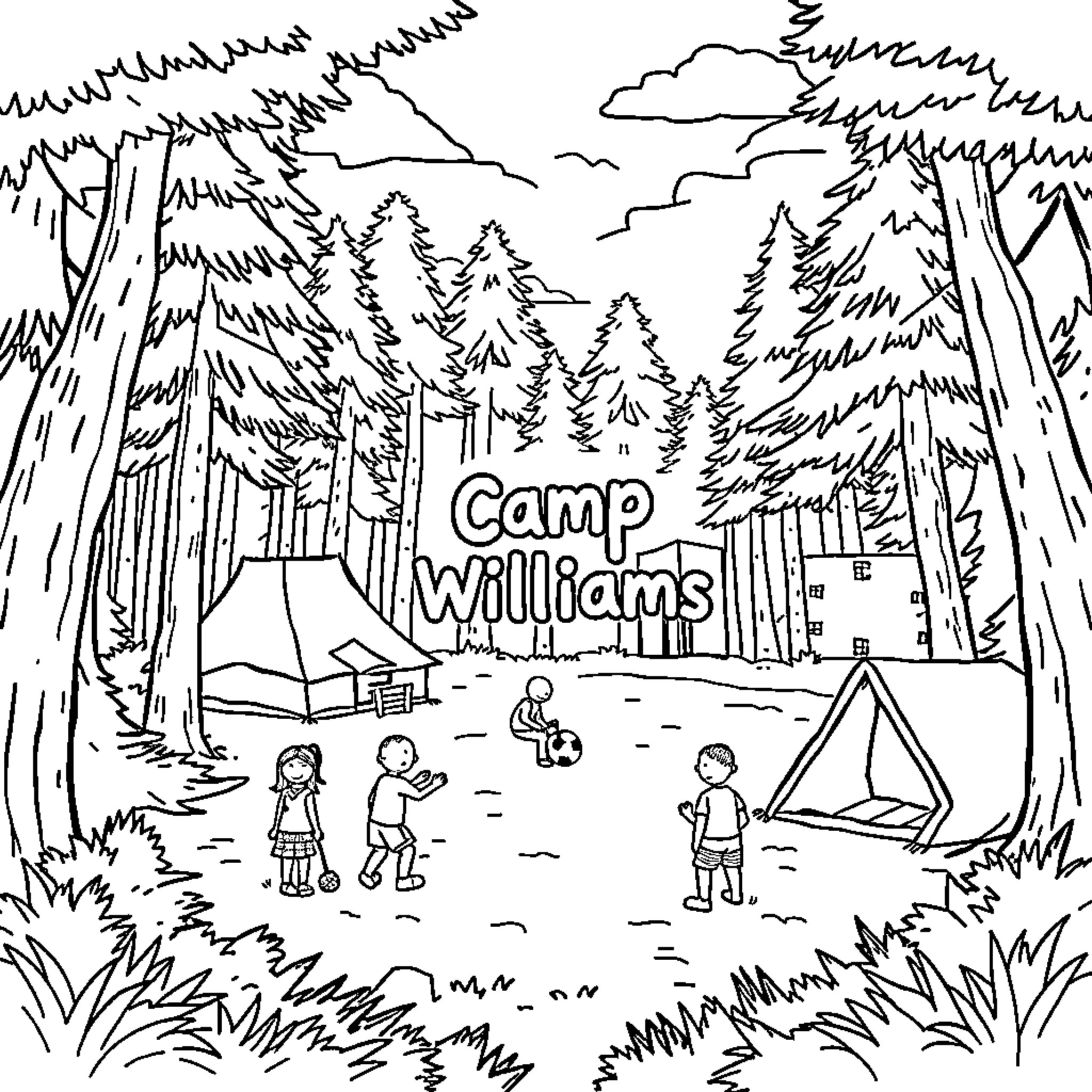 Camp in the Woods with Tents and Campers Coloring Page (free black-and-white line drawing printable PDF for all, from beginners to advanced learners, including children, teens, adults, and seniors)