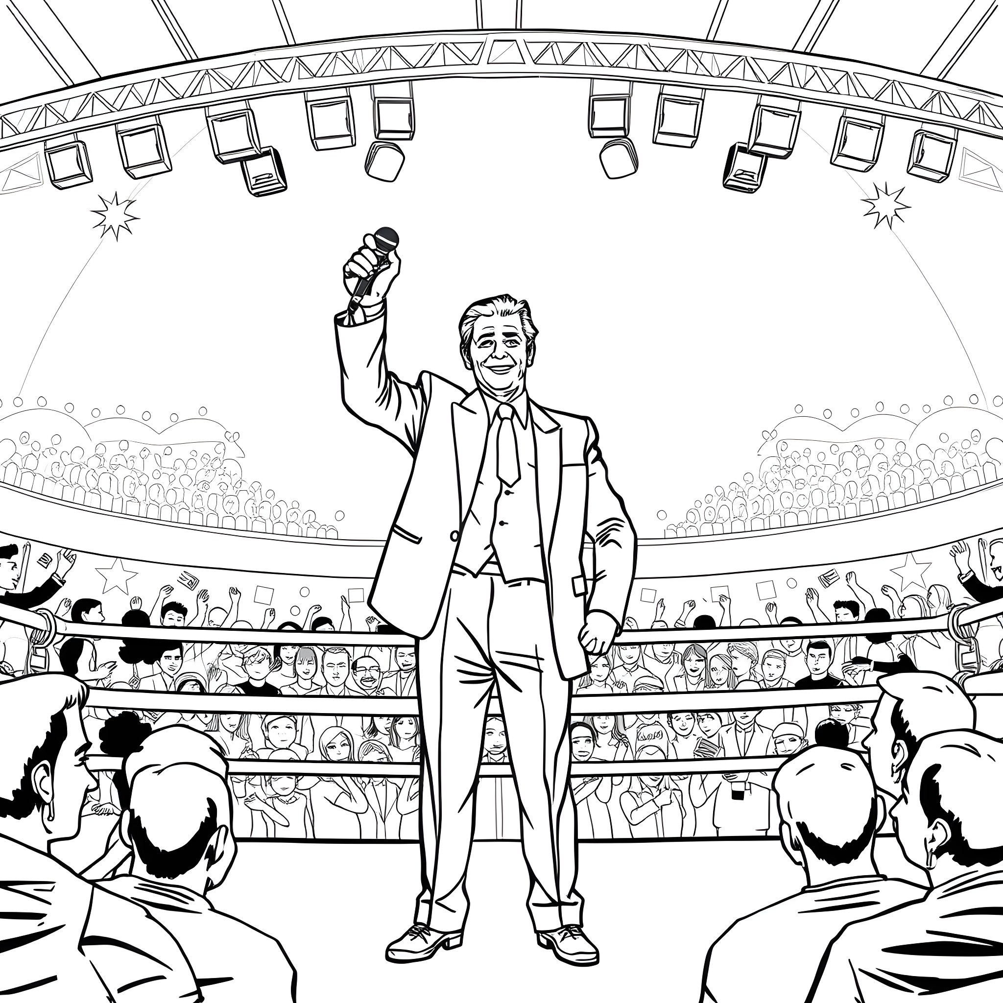 Michael Buffer Announcing the Main Event in a Stadium Coloring Page (free black-and-white line drawing printable PDF for all, from beginners to advanced learners, including children, teens, adults, and seniors)