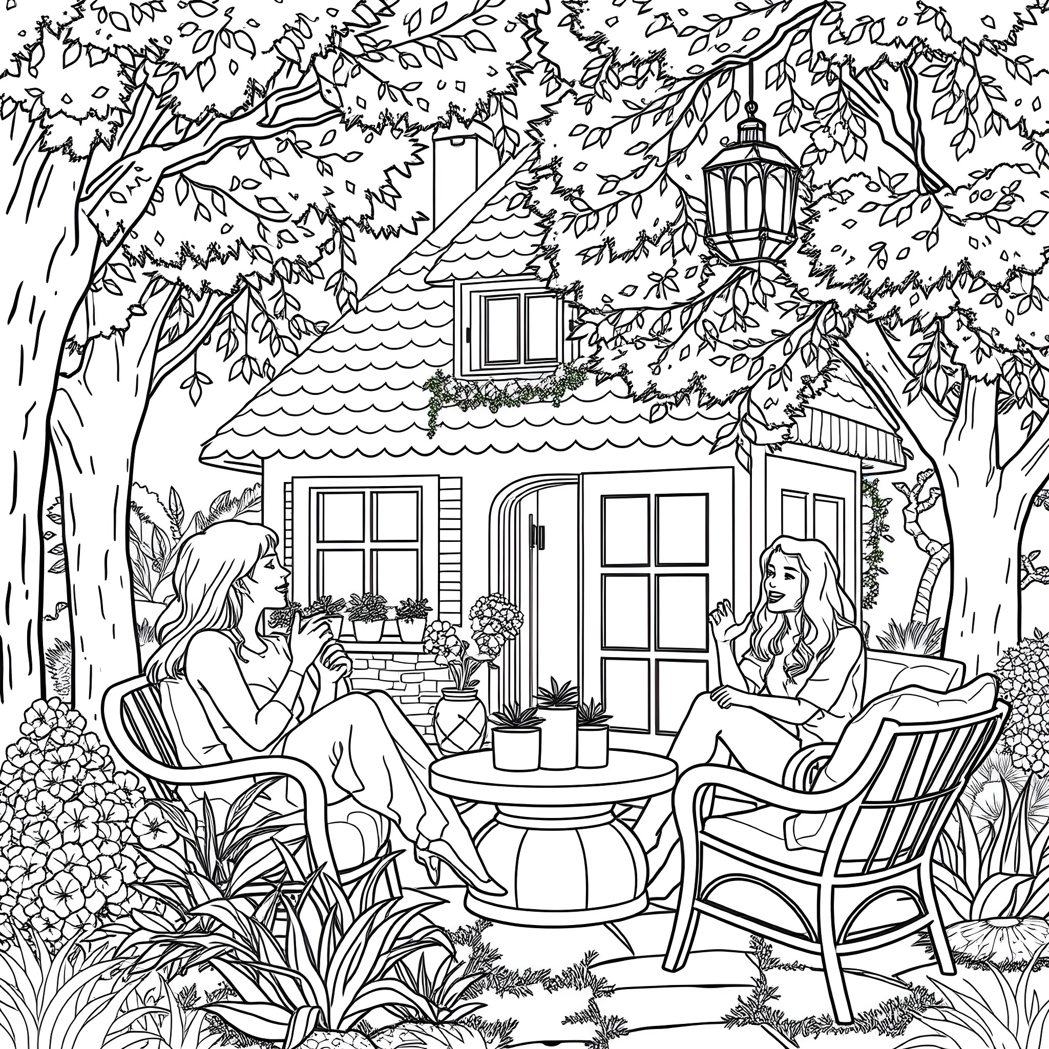 Spice Girls enjoying a peaceful garden gathering Coloring Page (free black-and-white line drawing printable PDF for all, from beginners to advanced learners, including children, teens, adults, and seniors)