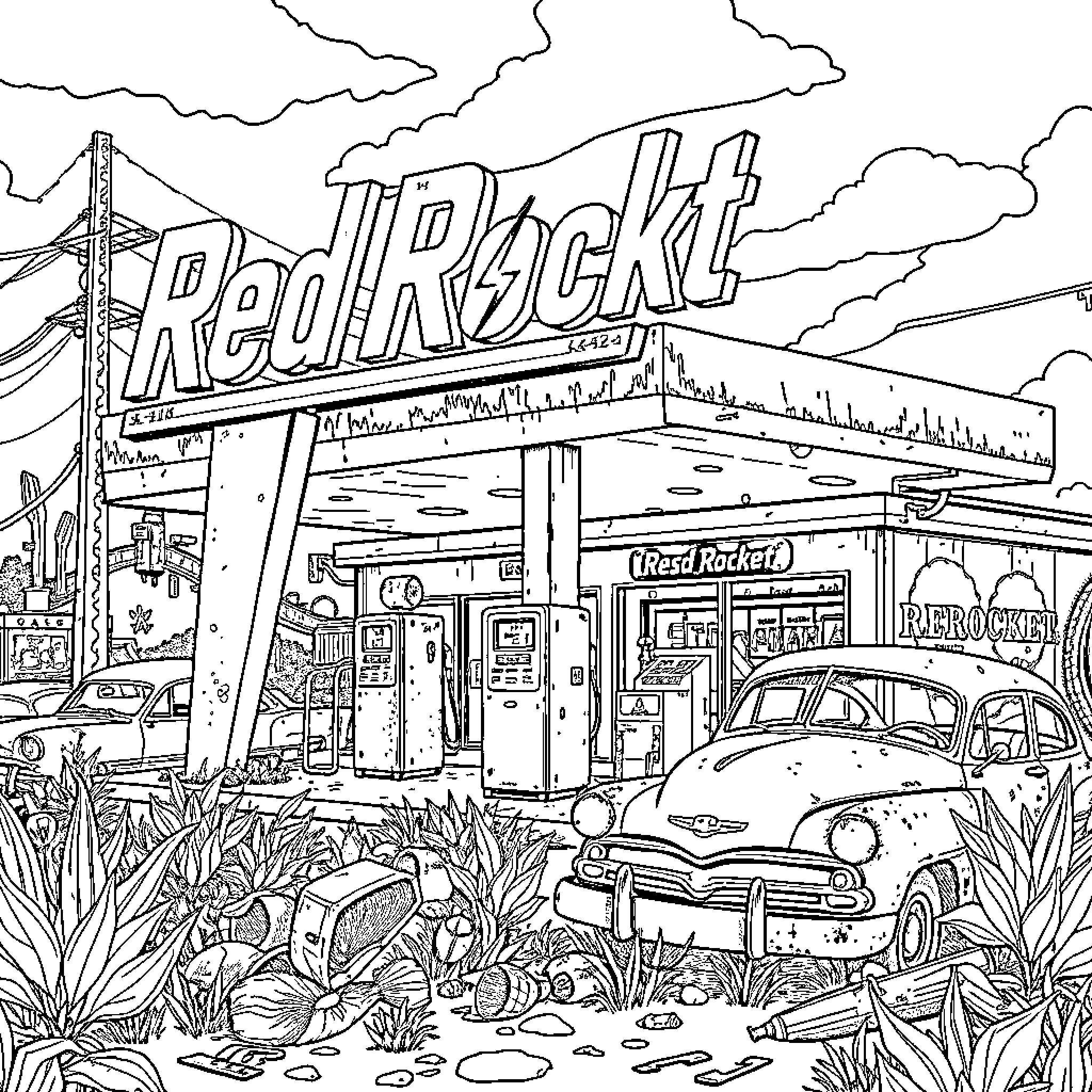 Gas Station with Classic Cars and Overgrown Vegetation Coloring Page (free black-and-white line drawing printable PDF for all, from beginners to advanced learners, including children, teens, adults, and seniors)