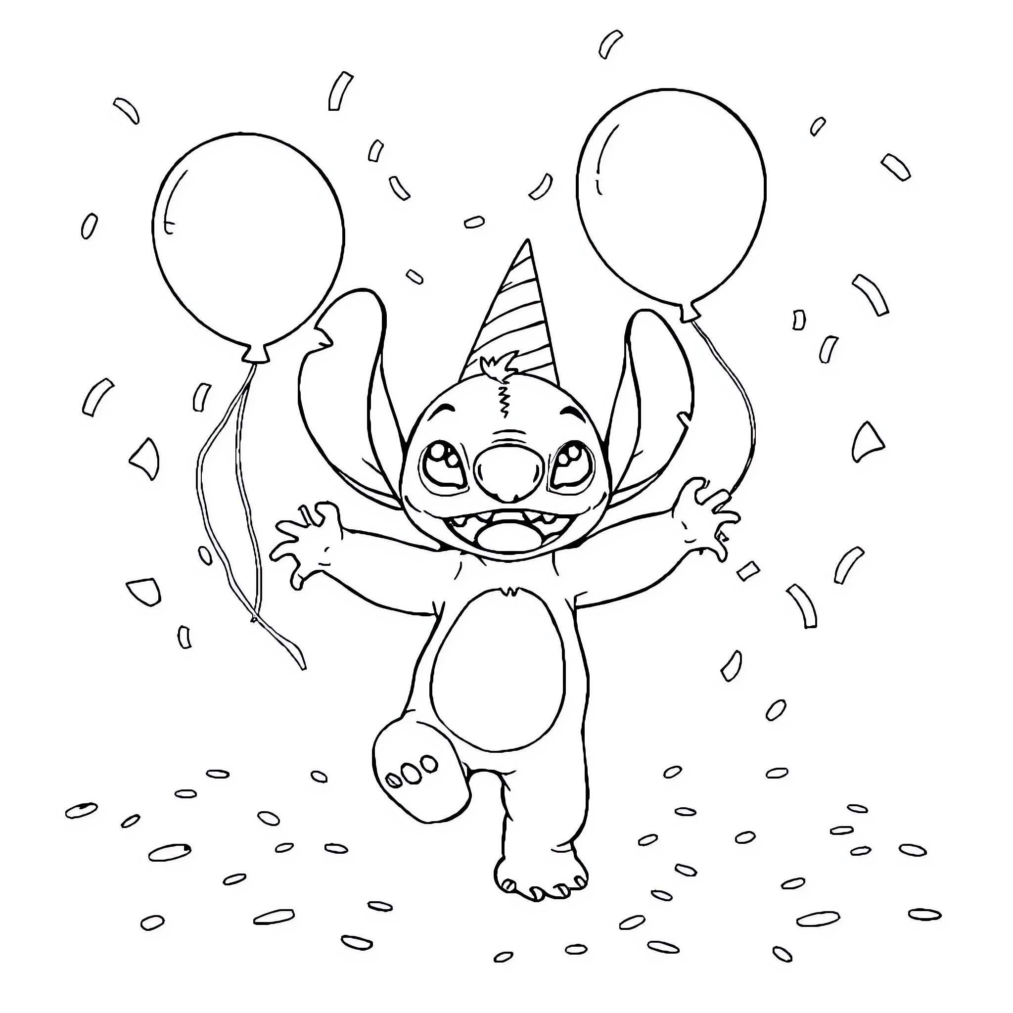 Stitch celebrating with balloons and confetti Coloring Page (free black-and-white line drawing printable PDF for all, from beginners to advanced learners, including children, teens, adults, and seniors)