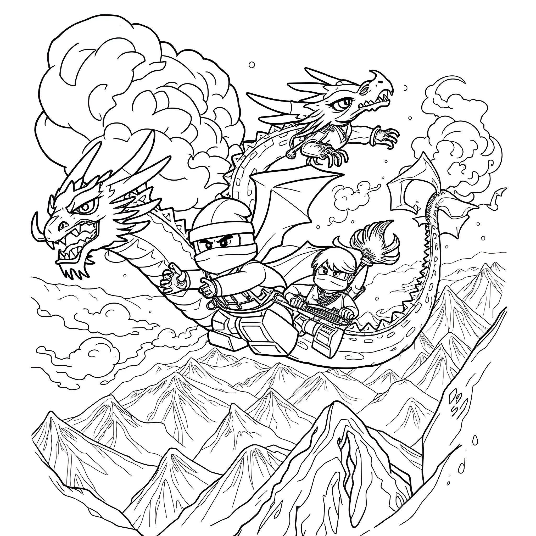 Ninjago Heroes Facing Mighty Dragon in Stormy Skies Coloring Page (free black-and-white line drawing printable PDF for all, from beginners to advanced learners, including children, teens, adults, and seniors)