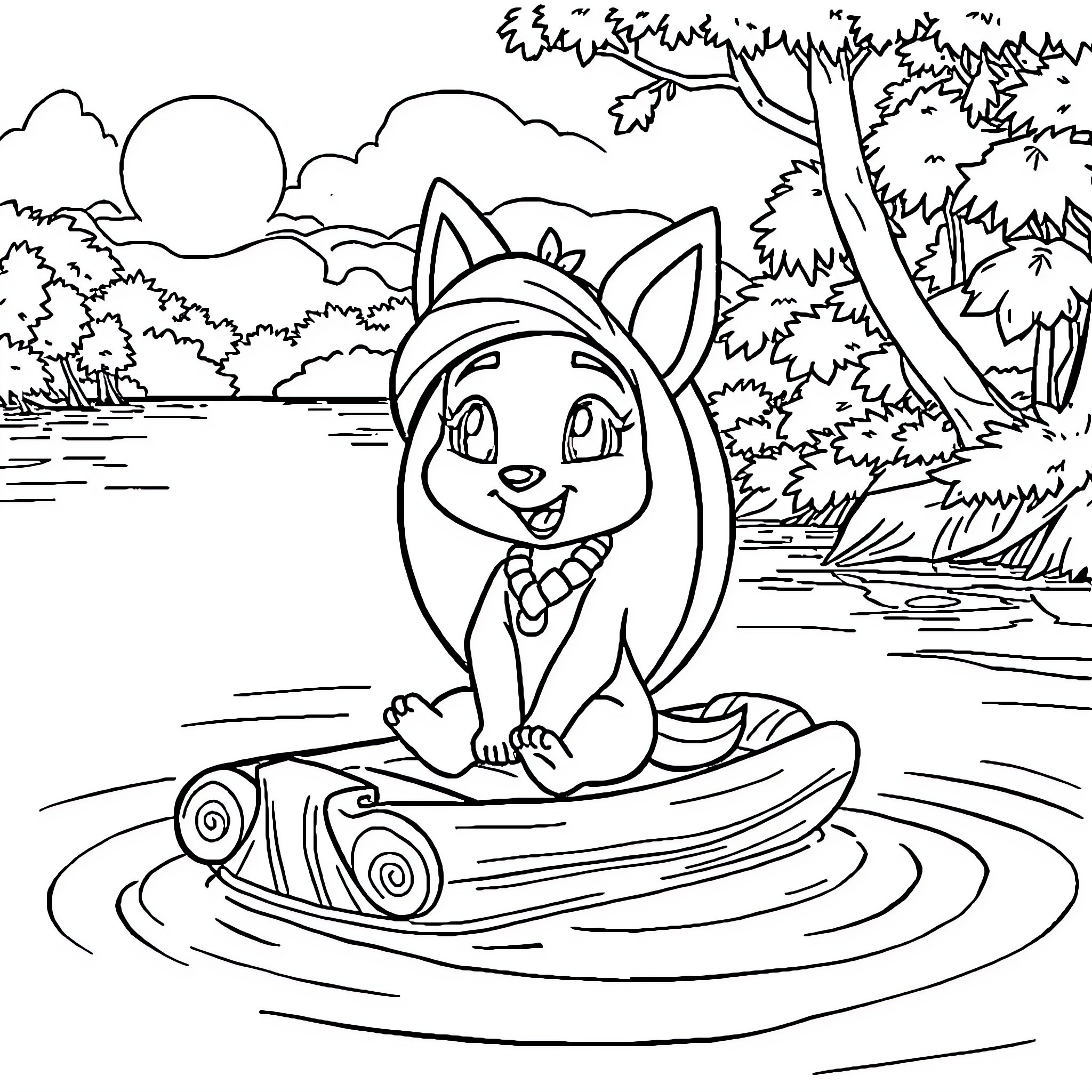 Meeko floating peacefully on a log in nature Coloring Page (free black-and-white line drawing printable PDF for all, from beginners to advanced learners, including children, teens, adults, and seniors)