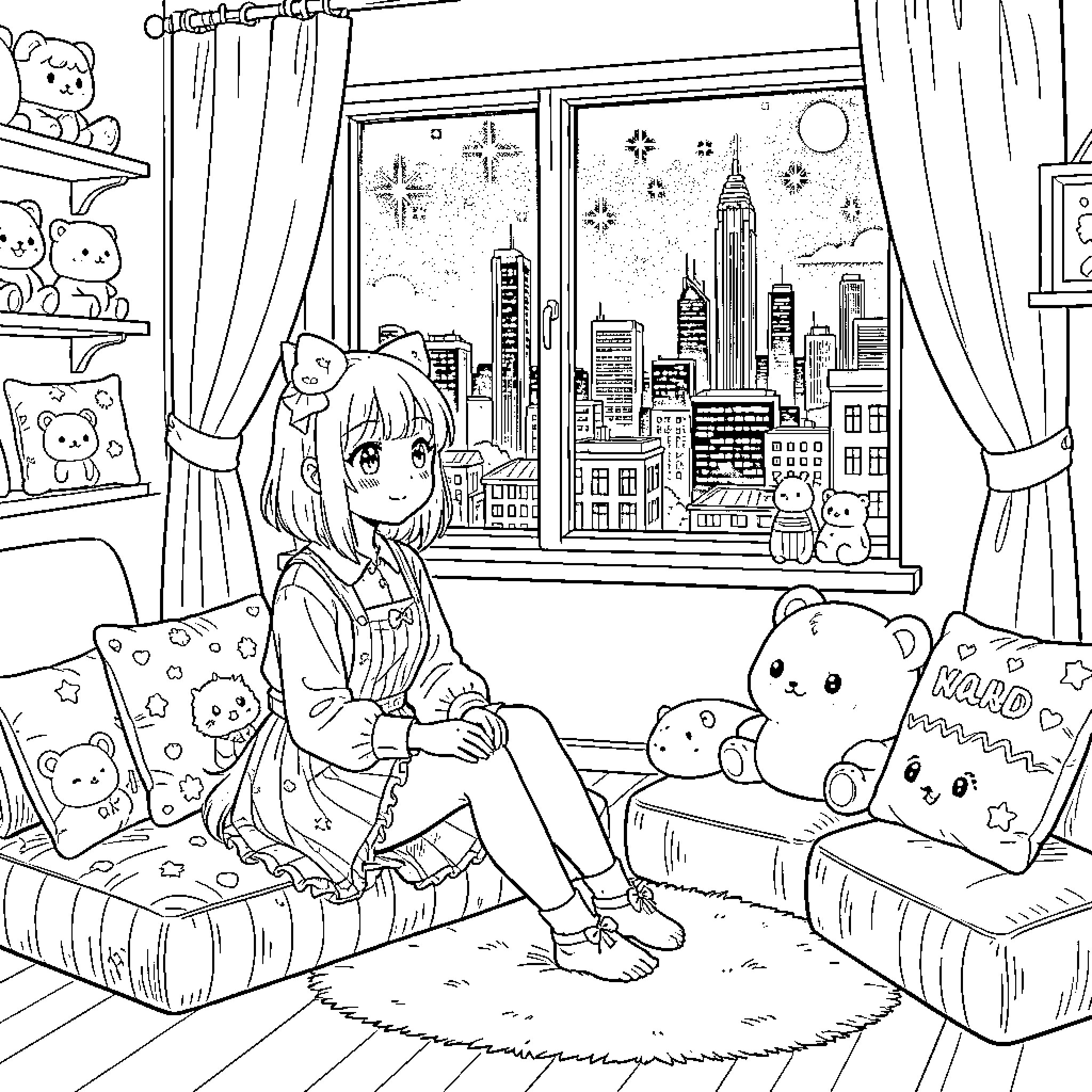 Anime Girl Relaxing in Cozy Room with City View Coloring Page (free black-and-white line drawing printable PDF for all, from beginners to advanced learners, including children, teens, adults, and seniors)