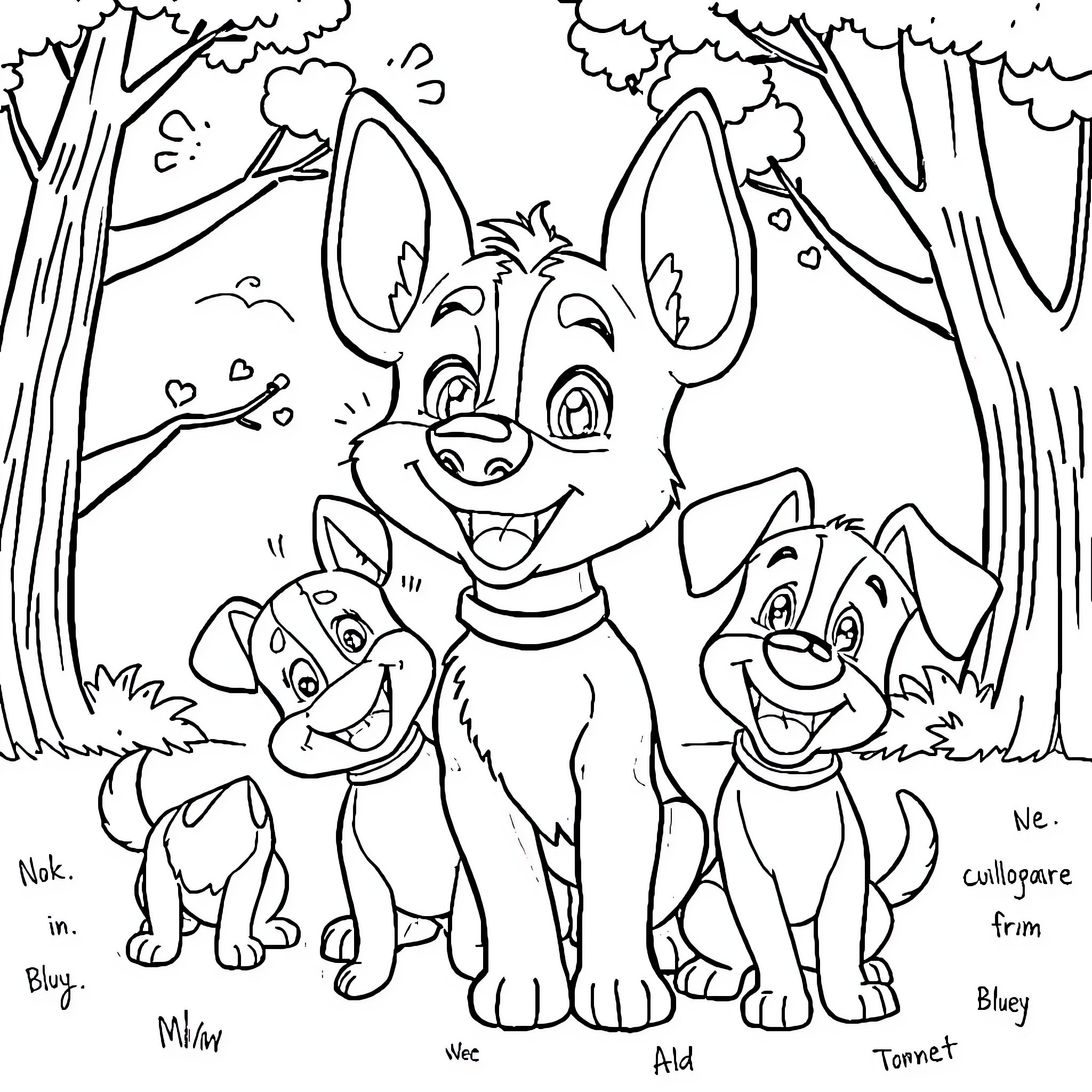 Bluey and friends explore the forest Coloring Page (free black-and-white line drawing printable PDF for all, from beginners to advanced learners, including children, teens, adults, and seniors)