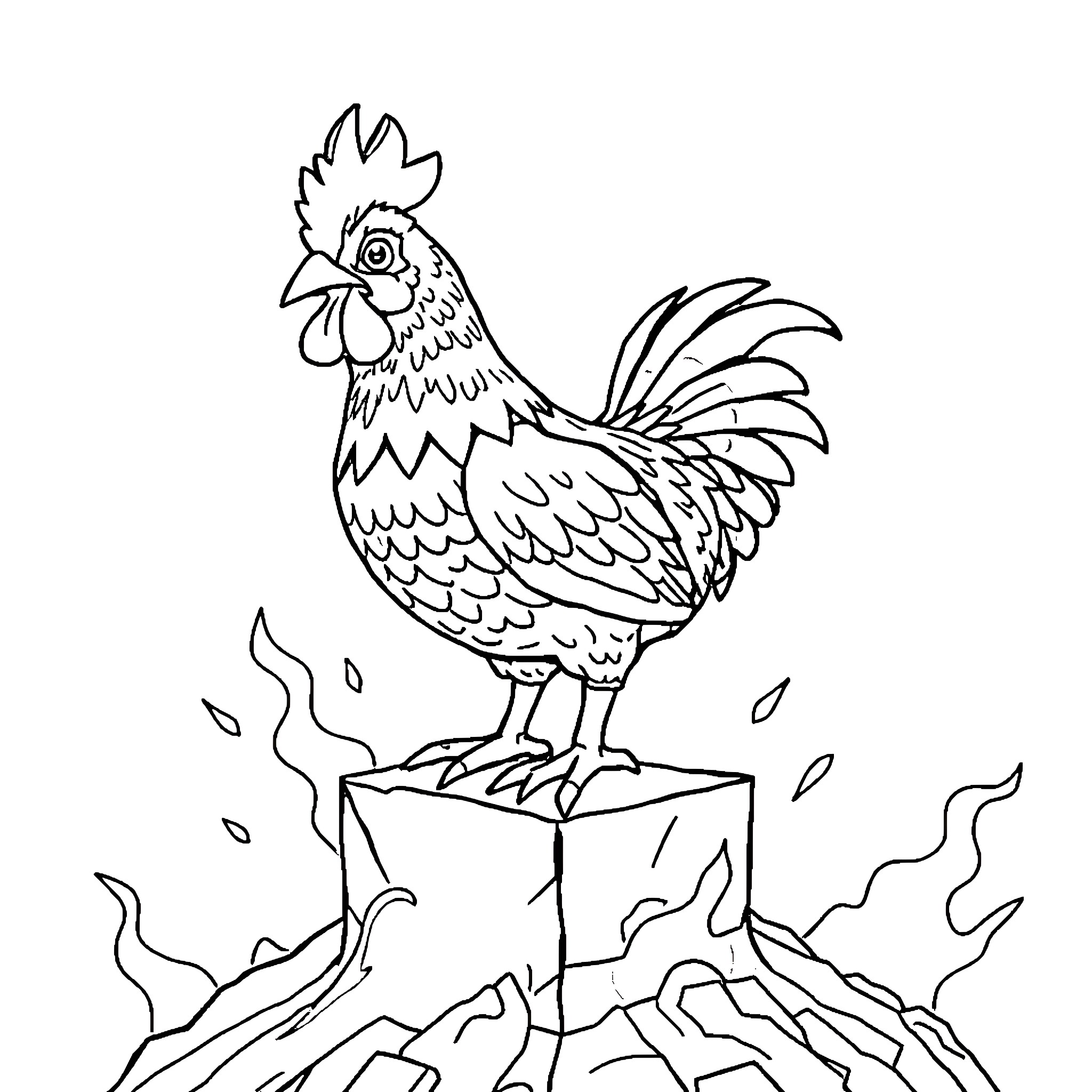 Chicken standing proudly on a rocky perch Coloring Page (free black-and-white line drawing printable PDF for all, from beginners to advanced learners, including children, teens, adults, and seniors)