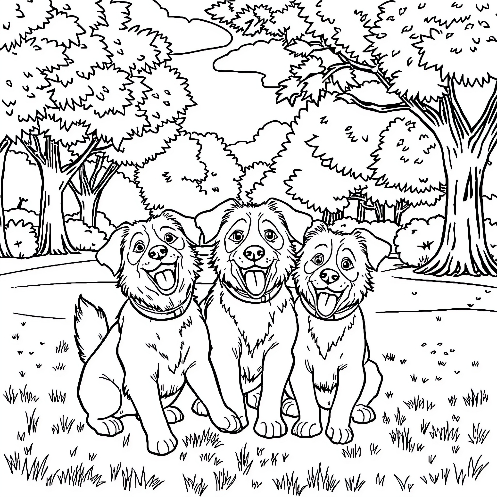 Dog trio frolicking in the forest Coloring Page (free black-and-white line drawing printable PDF for all, from beginners to advanced learners, including children, teens, adults, and seniors)