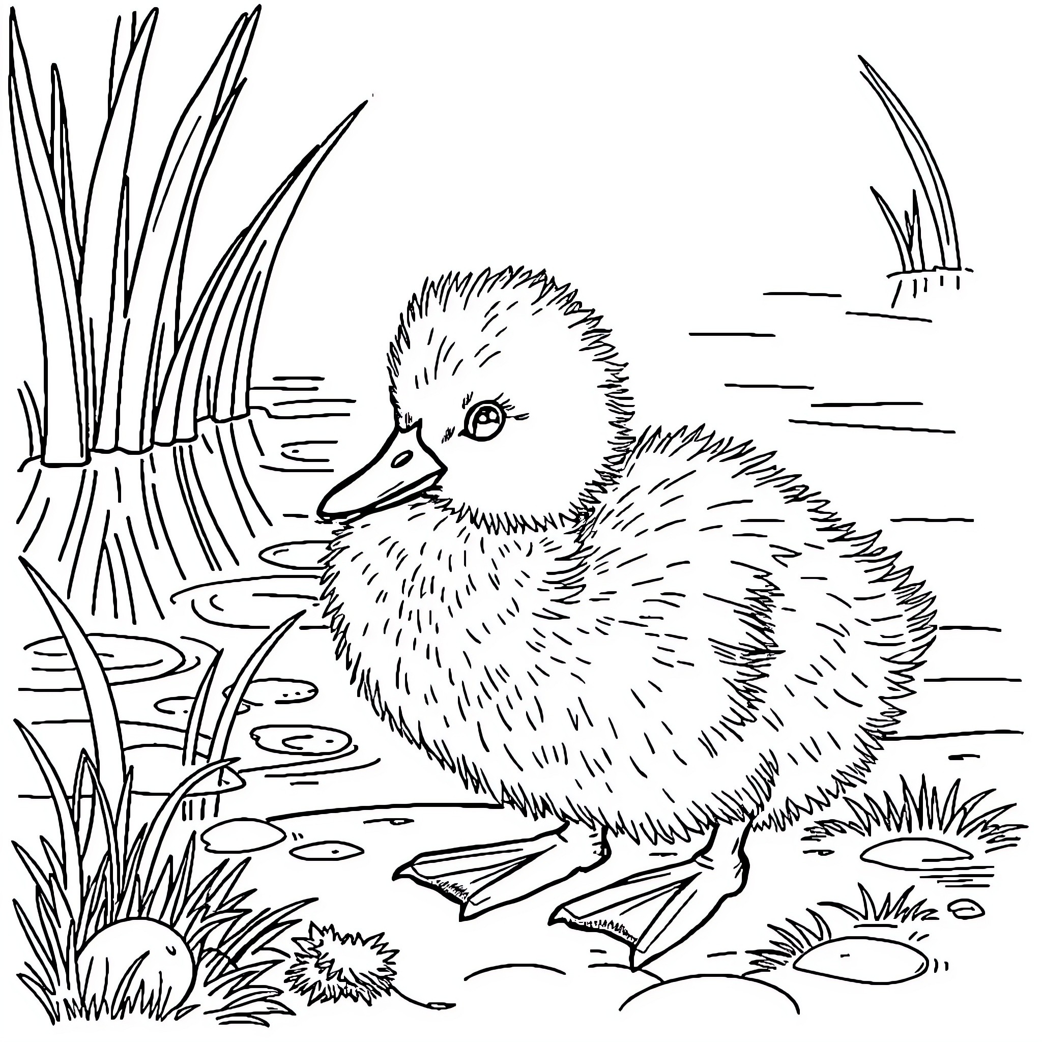 Duck Duckling Amid Pond Reeds and Grass Coloring Page (free black-and-white line drawing printable PDF for all, from beginners to advanced learners, including children, teens, adults, and seniors)
