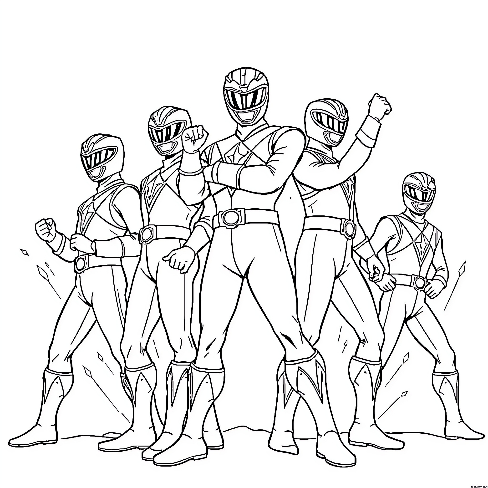 Power Rangers Heroic Poses and Teamwork Coloring Page (free black-and-white line drawing printable PDF for all, from beginners to advanced learners, including children, teens, adults, and seniors)
