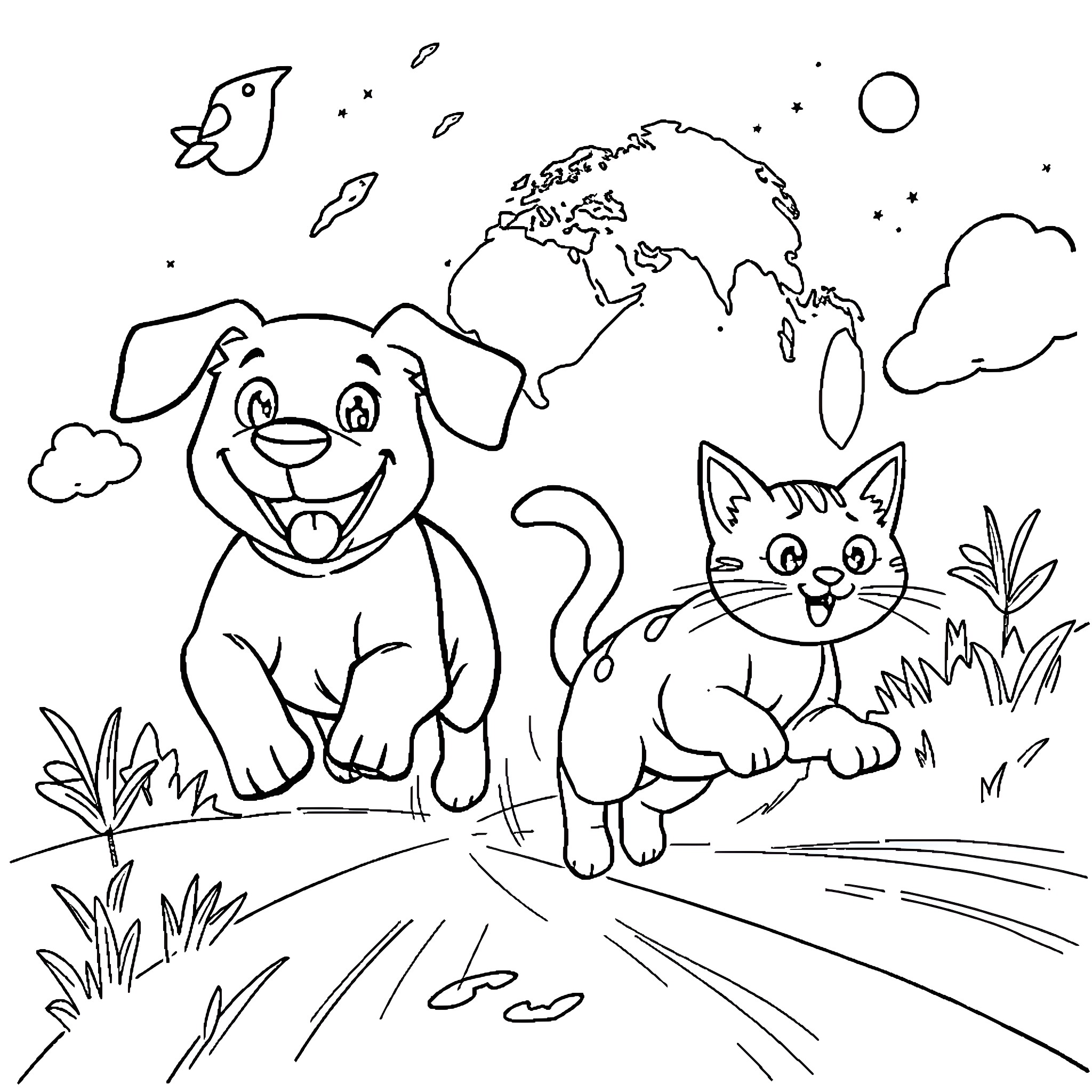 Dog and Cat Exploring the World Together Coloring Page (free black-and-white line drawing printable PDF for all, from beginners to advanced learners, including children, teens, adults, and seniors)