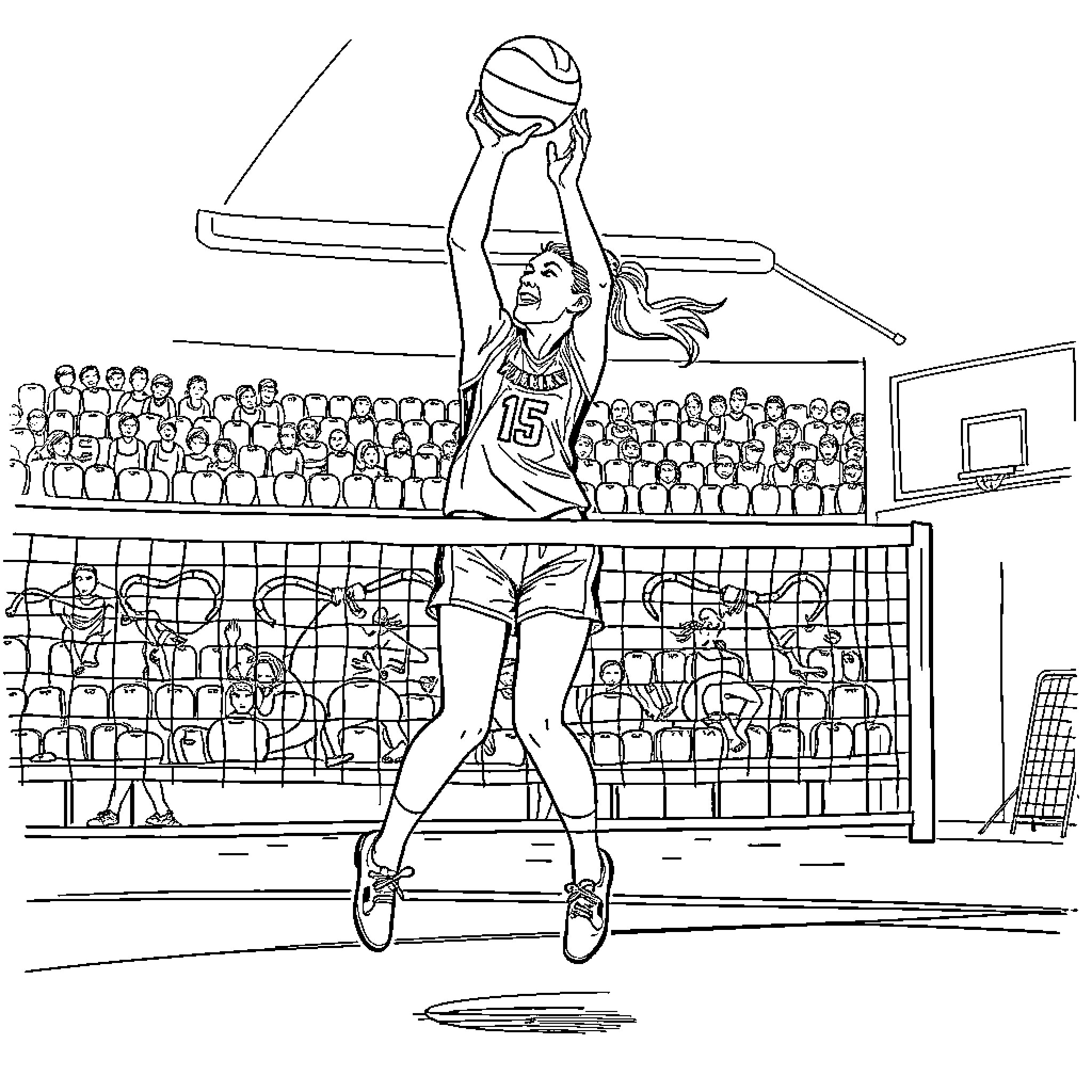 Malory Barton making a game-winning shot Coloring Page (free black-and-white line drawing printable PDF for all, from beginners to advanced learners, including children, teens, adults, and seniors)