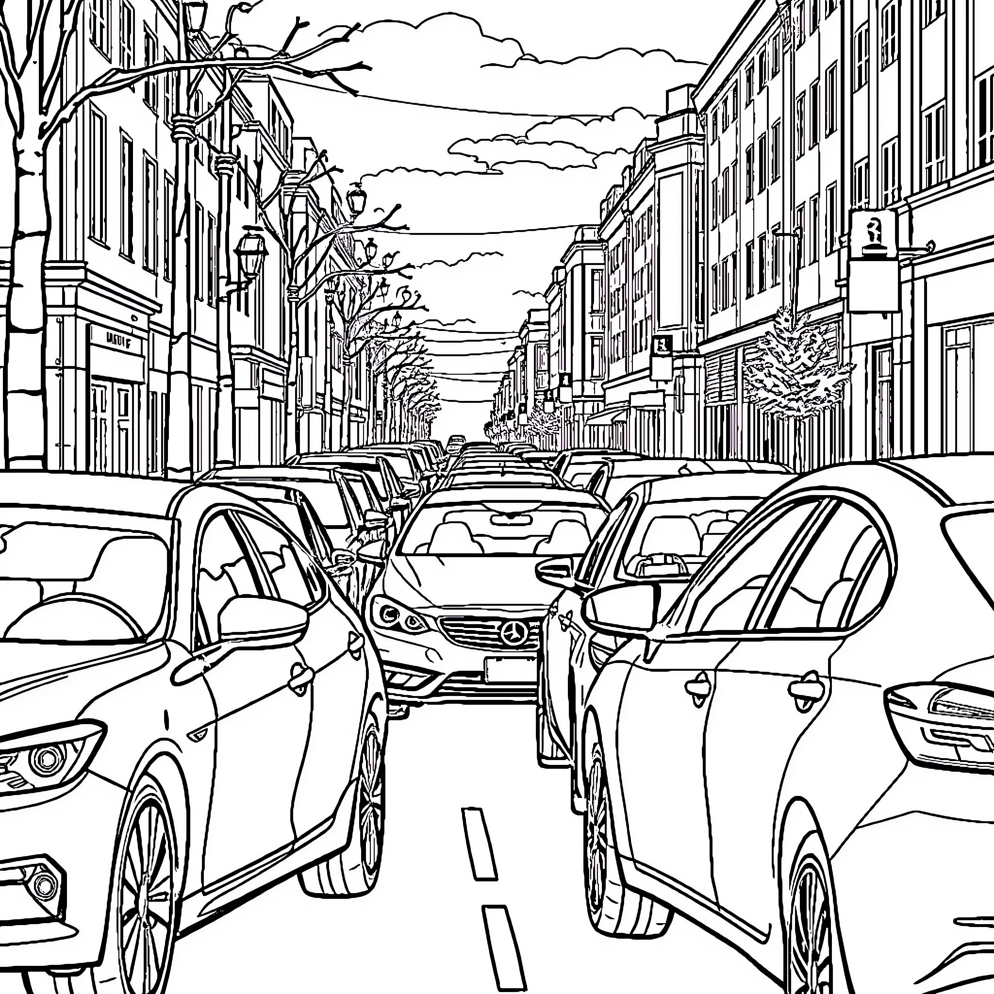 Cars on the busy city street with buildings Coloring Page (free black-and-white line drawing printable PDF for all, from beginners to advanced learners, including children, teens, adults, and seniors)