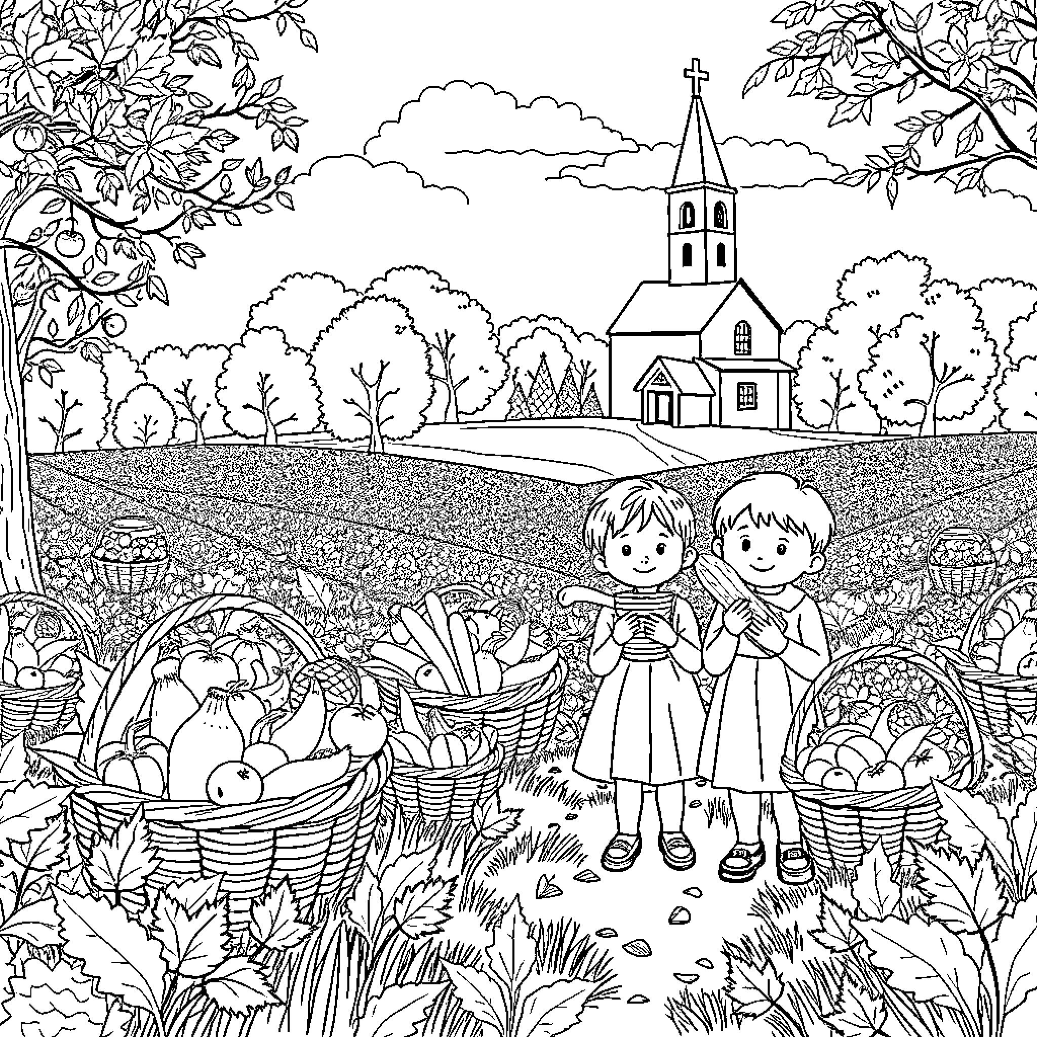Field of friends gathering harvest in countryside Coloring Page (free black-and-white line drawing printable PDF for all, from beginners to advanced learners, including children, teens, adults, and seniors)
