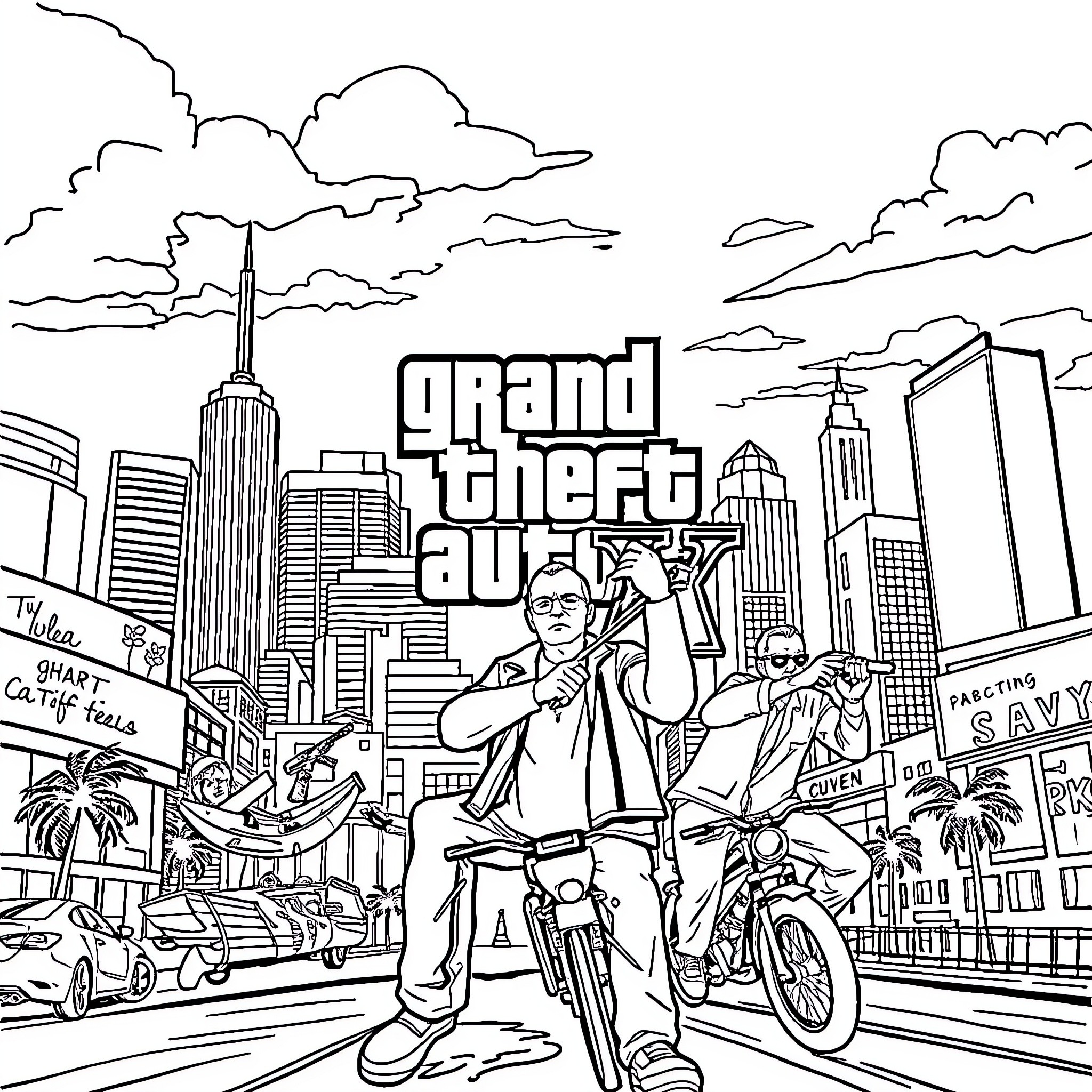 GTA Cityscape with Riders, Vehicles and Signages Coloring Page (free black-and-white line drawing printable PDF for all, from beginners to advanced learners, including children, teens, adults, and seniors)