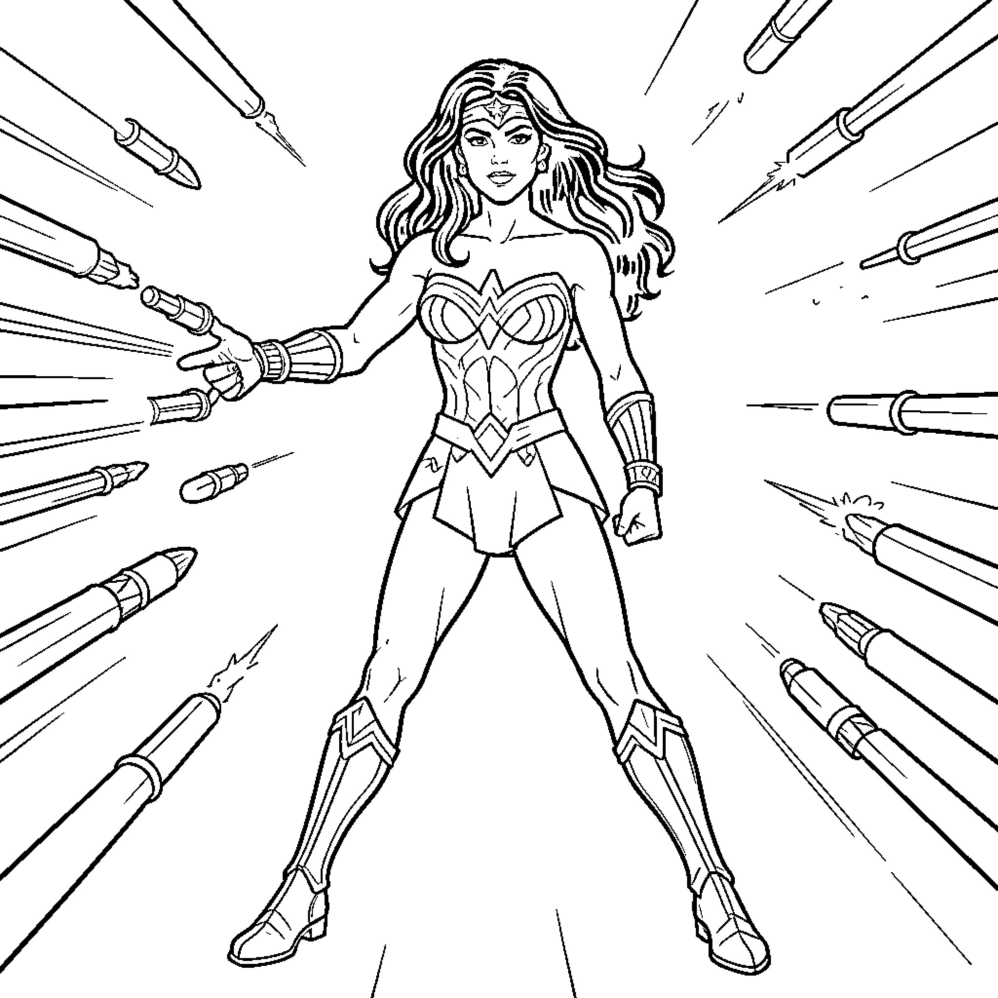Wonder Woman in action pose with superpowers Coloring Page (free black-and-white line drawing printable PDF for all, from beginners to advanced learners, including children, teens, adults, and seniors)