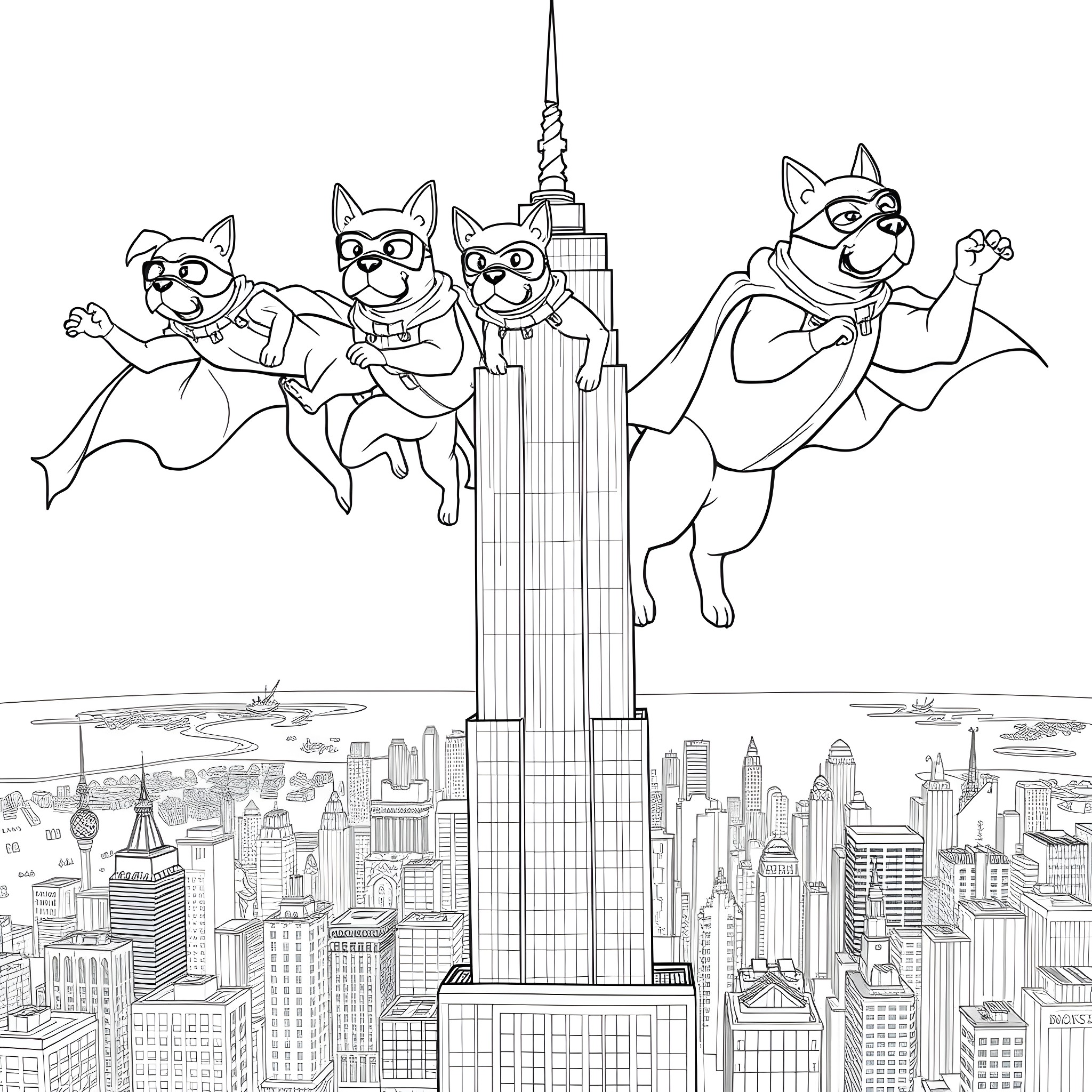 Dogs in superhero costumes flying over the city Coloring Page (free black-and-white line drawing printable PDF for all, from beginners to advanced learners, including children, teens, adults, and seniors)