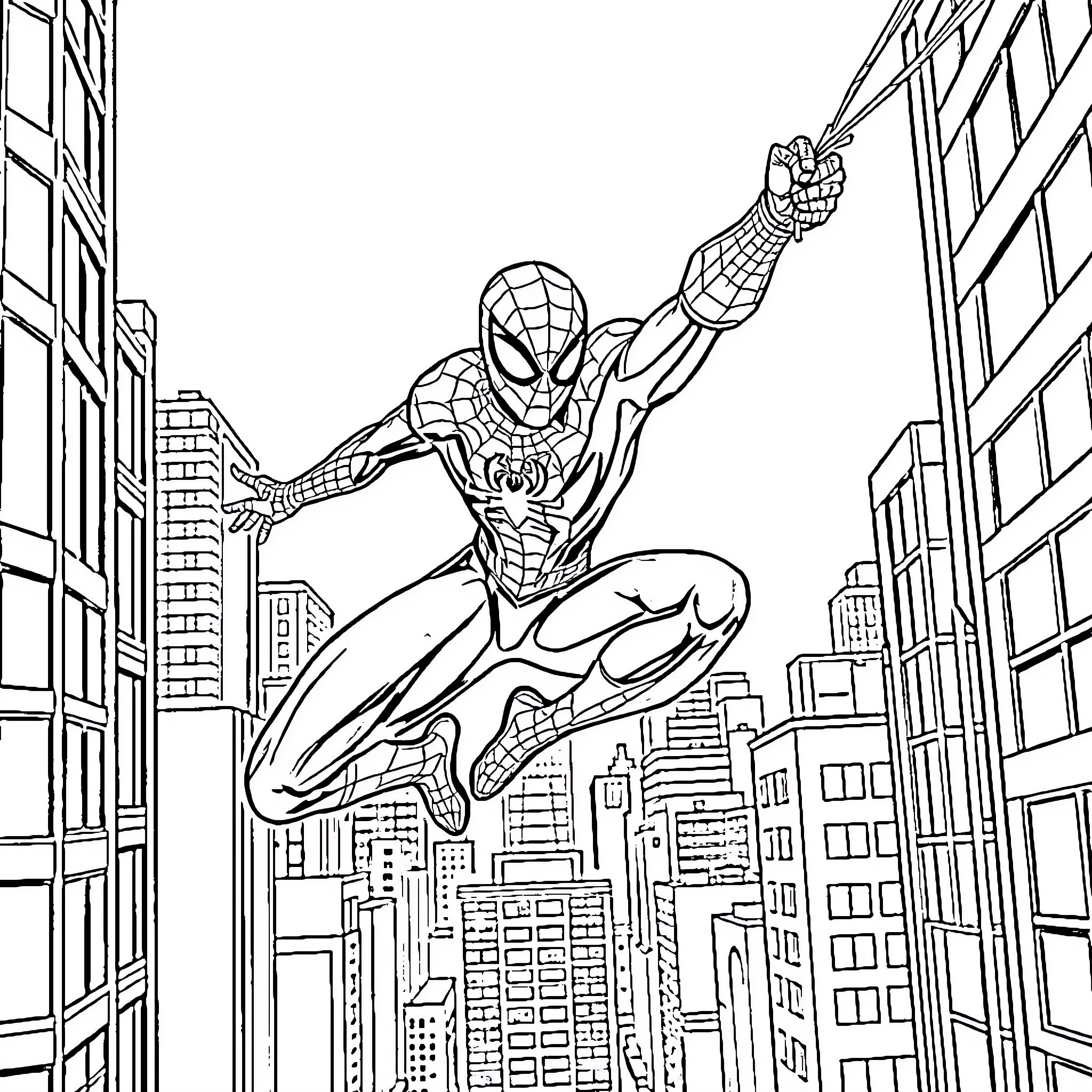 Spider-Man swinging through the city skyline Coloring Page (free black-and-white line drawing printable PDF for all, from beginners to advanced learners, including children, teens, adults, and seniors)