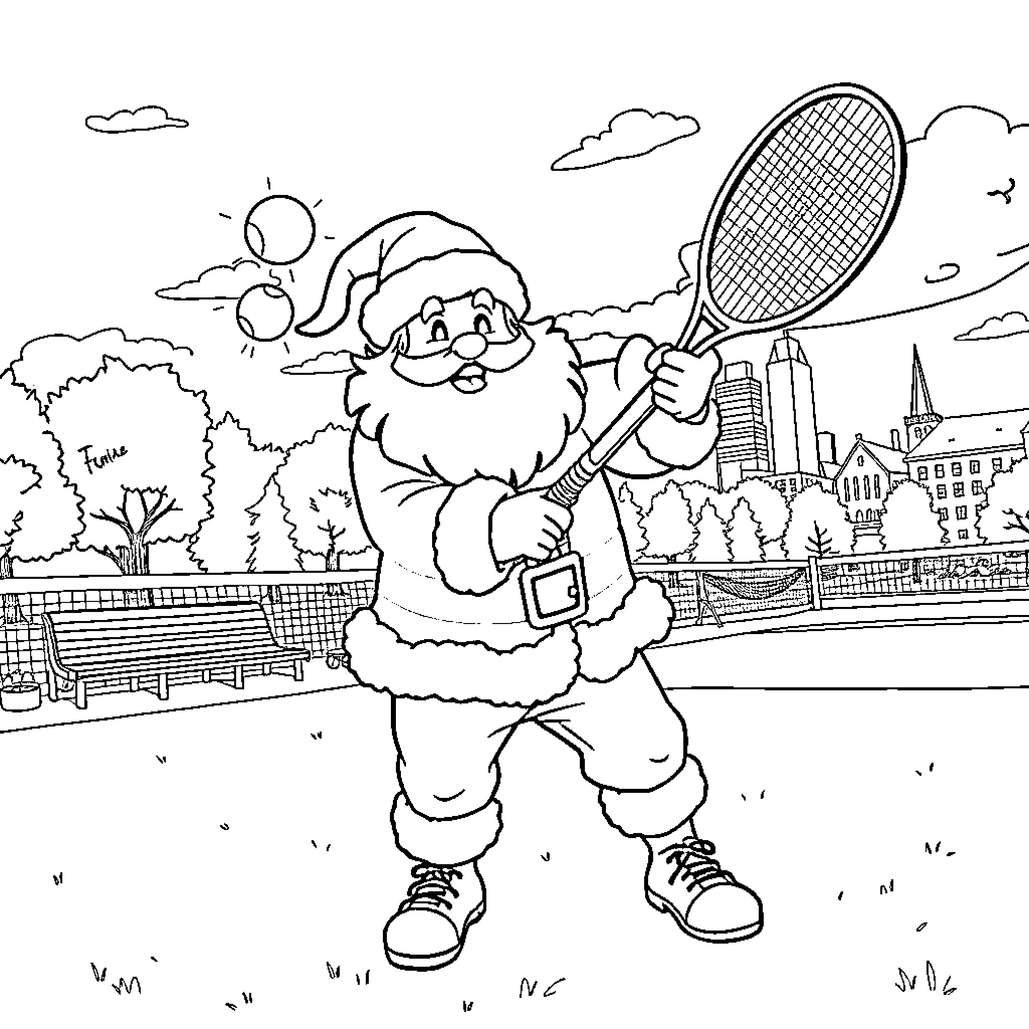 Santa Playing Tennis in the Park Coloring Page (free black-and-white line drawing printable PDF for all, from beginners to advanced learners, including children, teens, adults, and seniors)