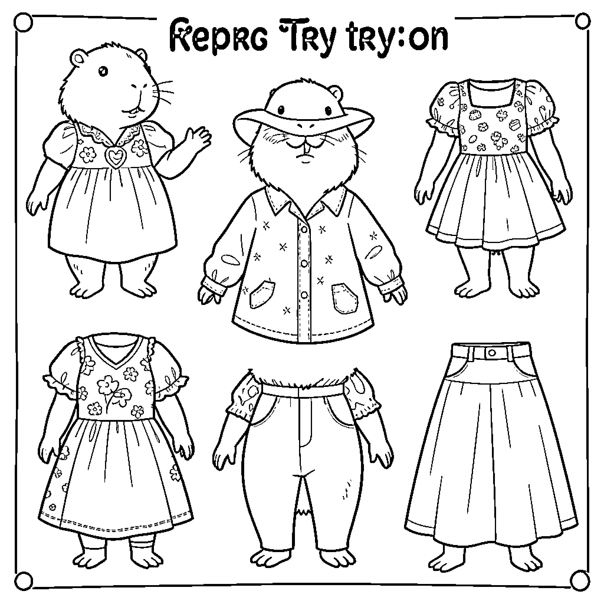 Capybara posing in various cute clothing outfits Coloring Page (free black-and-white line drawing printable PDF for all, from beginners to advanced learners, including children, teens, adults, and seniors)