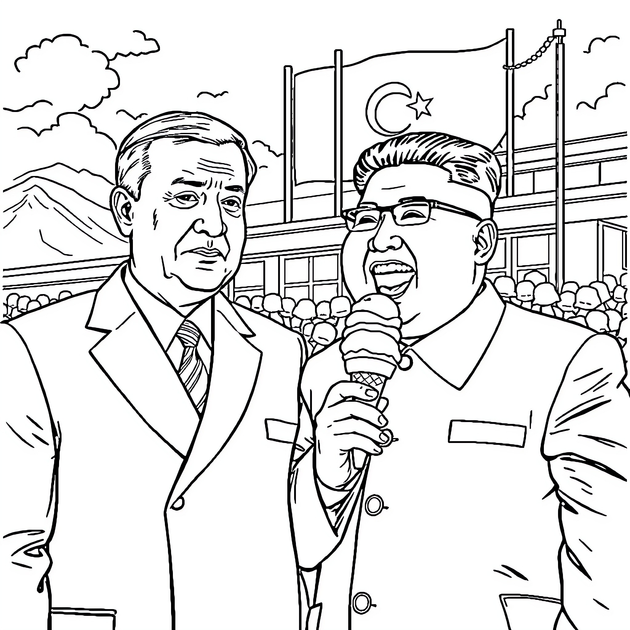 Recep Tayyip Erdoğan and Kim Jong-un in a public gathering Coloring Page (free black-and-white line drawing printable PDF for all, from beginners to advanced learners, including children, teens, adults, and seniors)