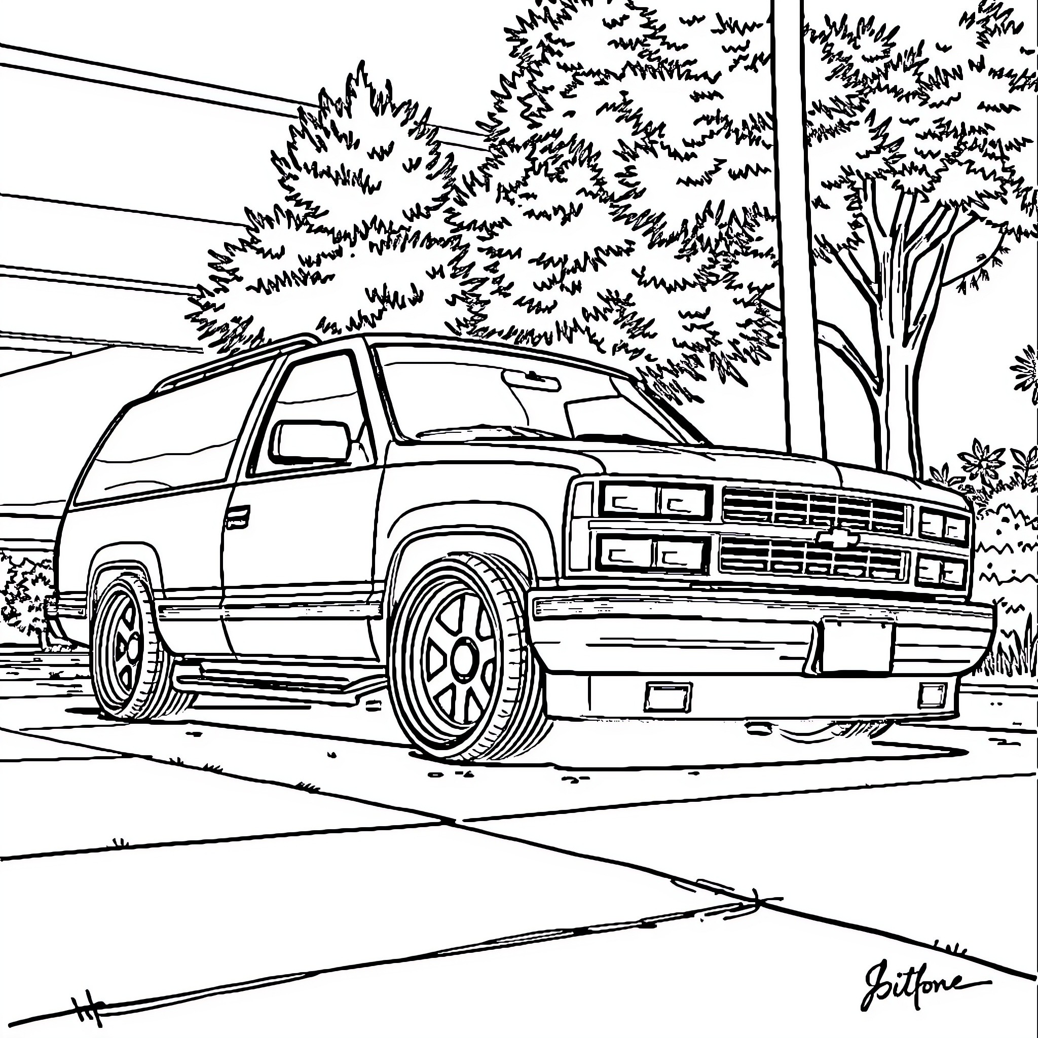 Tahoe scenic SUV parked in forest landscape Coloring Page (free black-and-white line drawing printable PDF for all, from beginners to advanced learners, including children, teens, adults, and seniors)