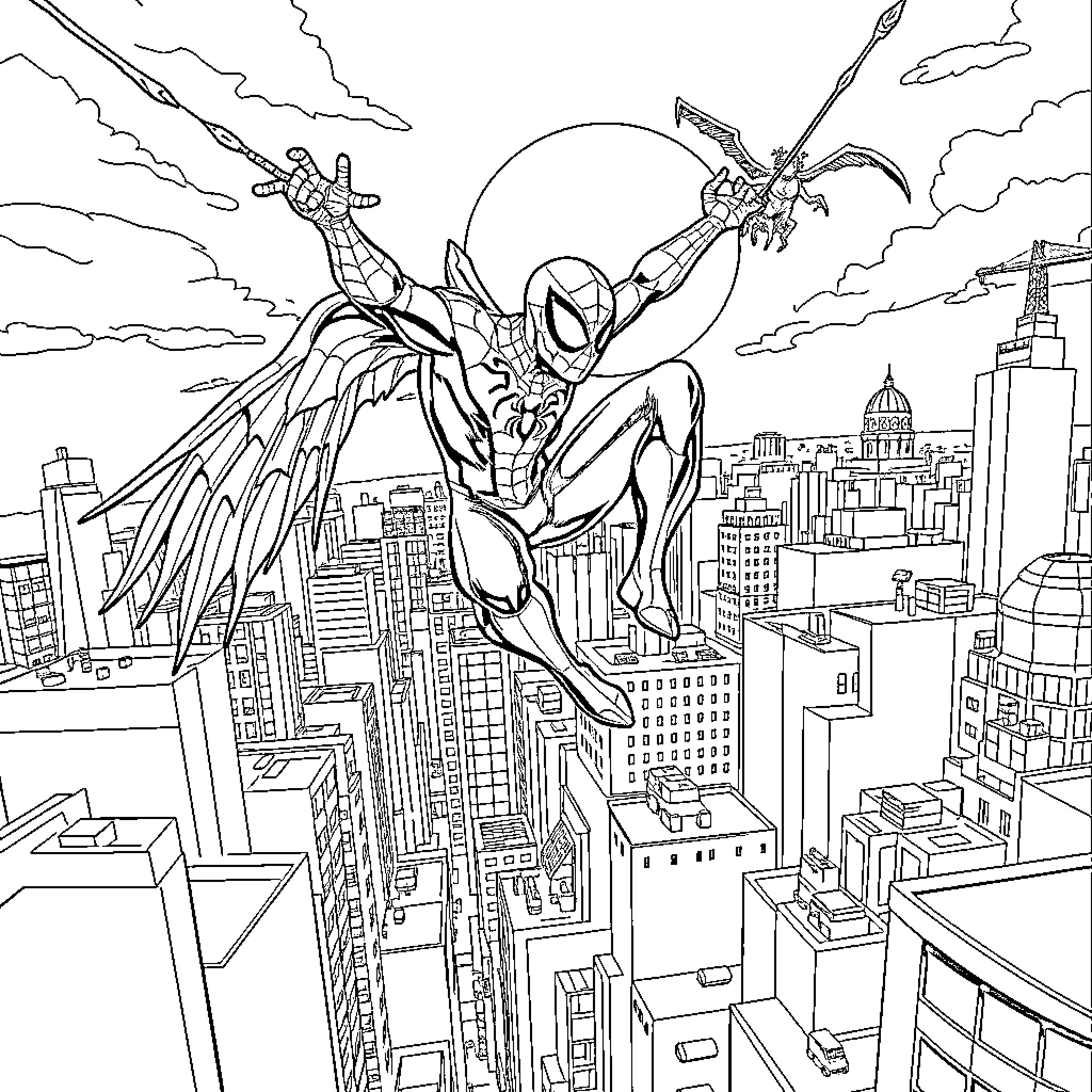 Spider-Man soaring through the city skyline Coloring Page (free black-and-white line drawing printable PDF for all, from beginners to advanced learners, including children, teens, adults, and seniors)
