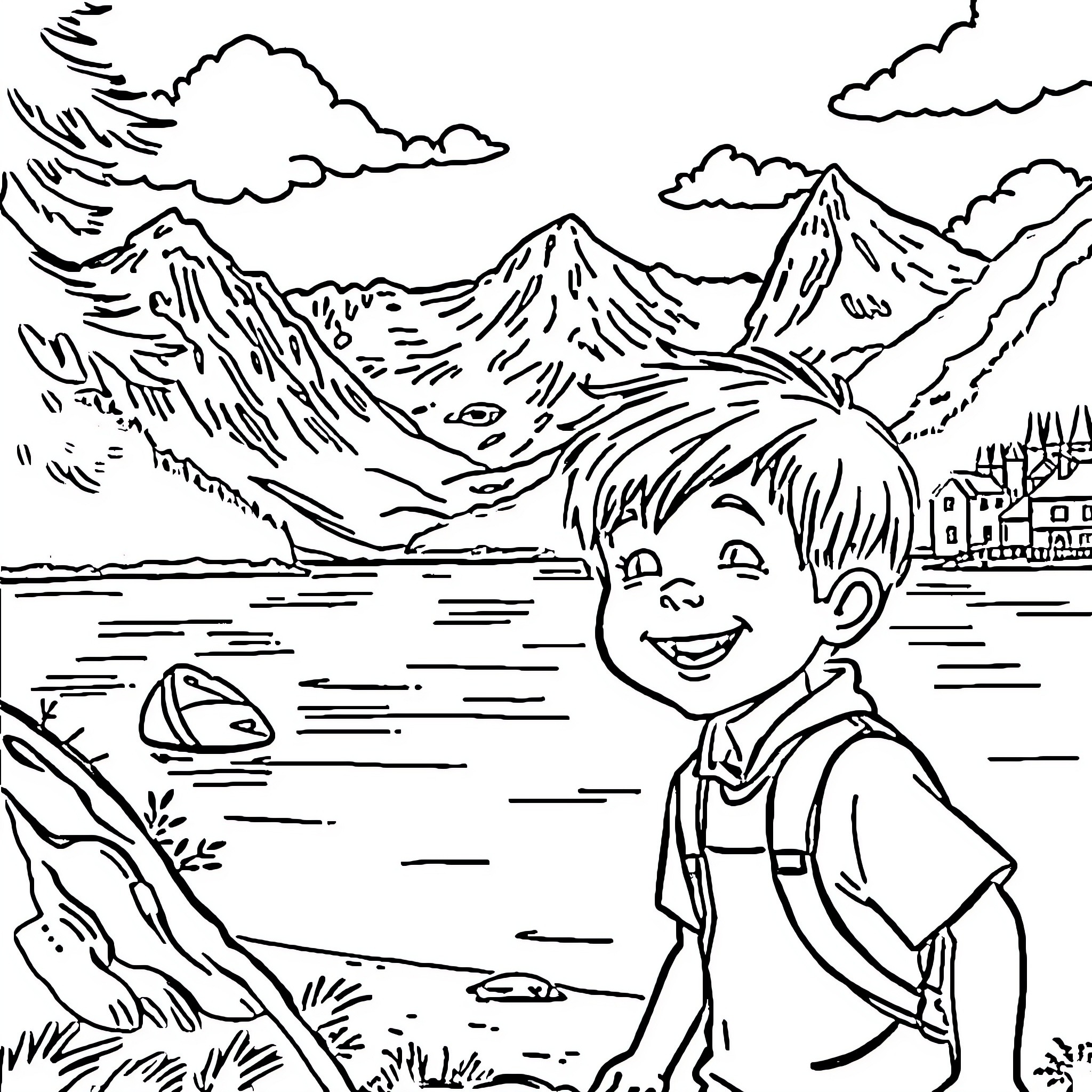 Boy Enjoying Nature's Beauty in the Mountains Coloring Page (free black-and-white line drawing printable PDF for all, from beginners to advanced learners, including children, teens, adults, and seniors)