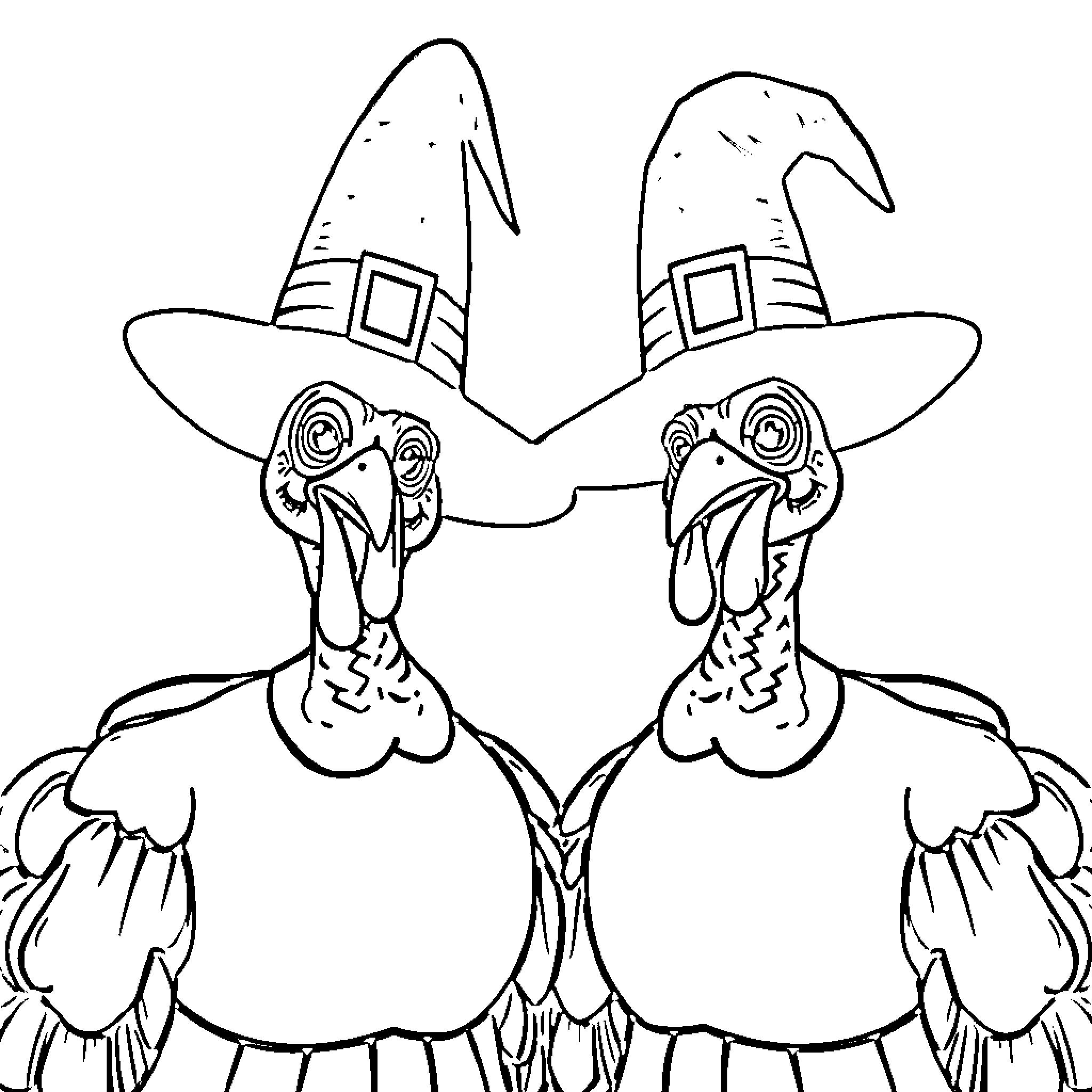 Turkey Turkeys Wearing Witchy Hats for Halloween Coloring Page (free black-and-white line drawing printable PDF for all, from beginners to advanced learners, including children, teens, adults, and seniors)