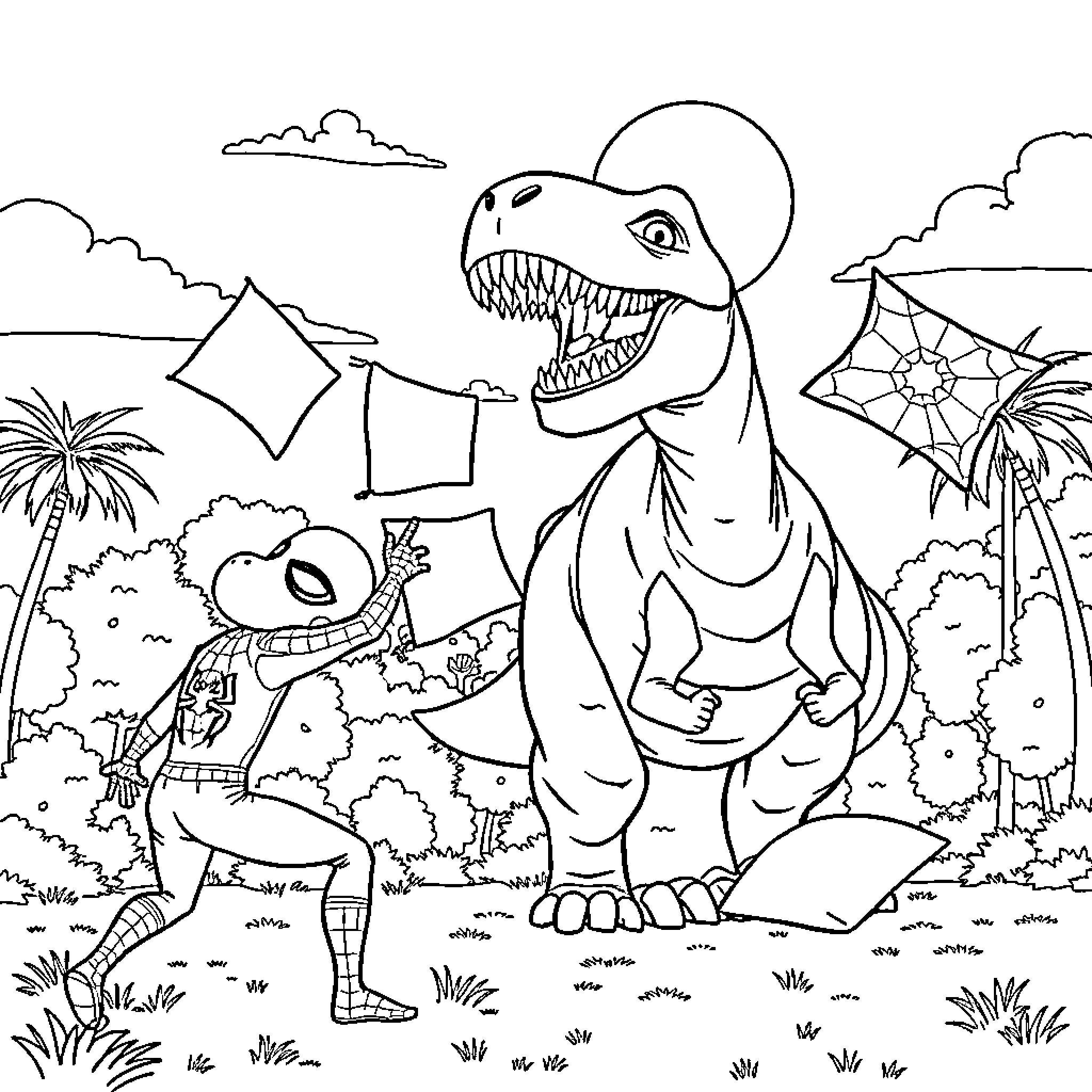 Spider-Man Battling Dinosaur Villain in Outdoor Adventure Coloring Page (free black-and-white line drawing printable PDF for all, from beginners to advanced learners, including children, teens, adults, and seniors)