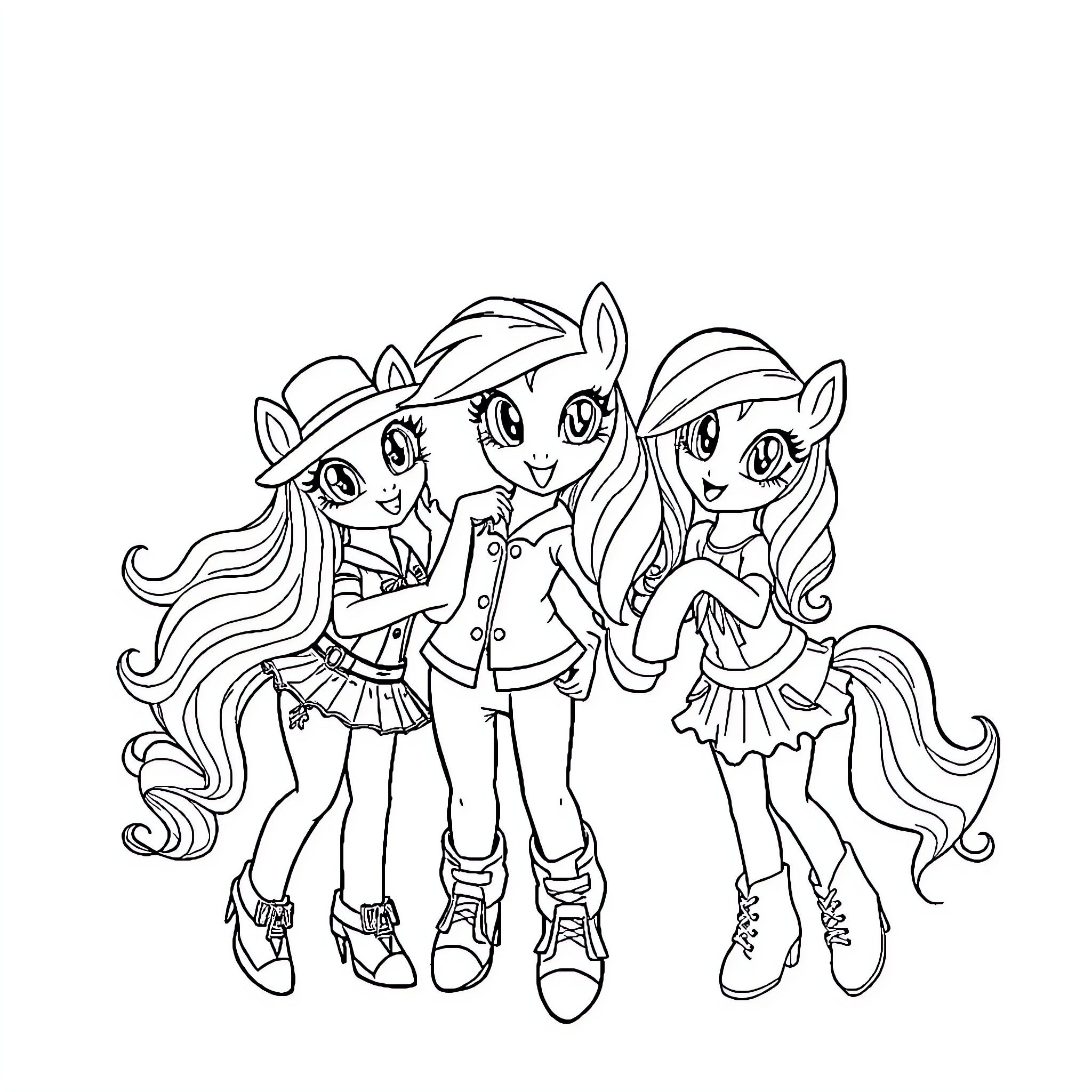 My Little Pony friends in stylish outfits Coloring Page (free black-and-white line drawing printable PDF for all, from beginners to advanced learners, including children, teens, adults, and seniors)