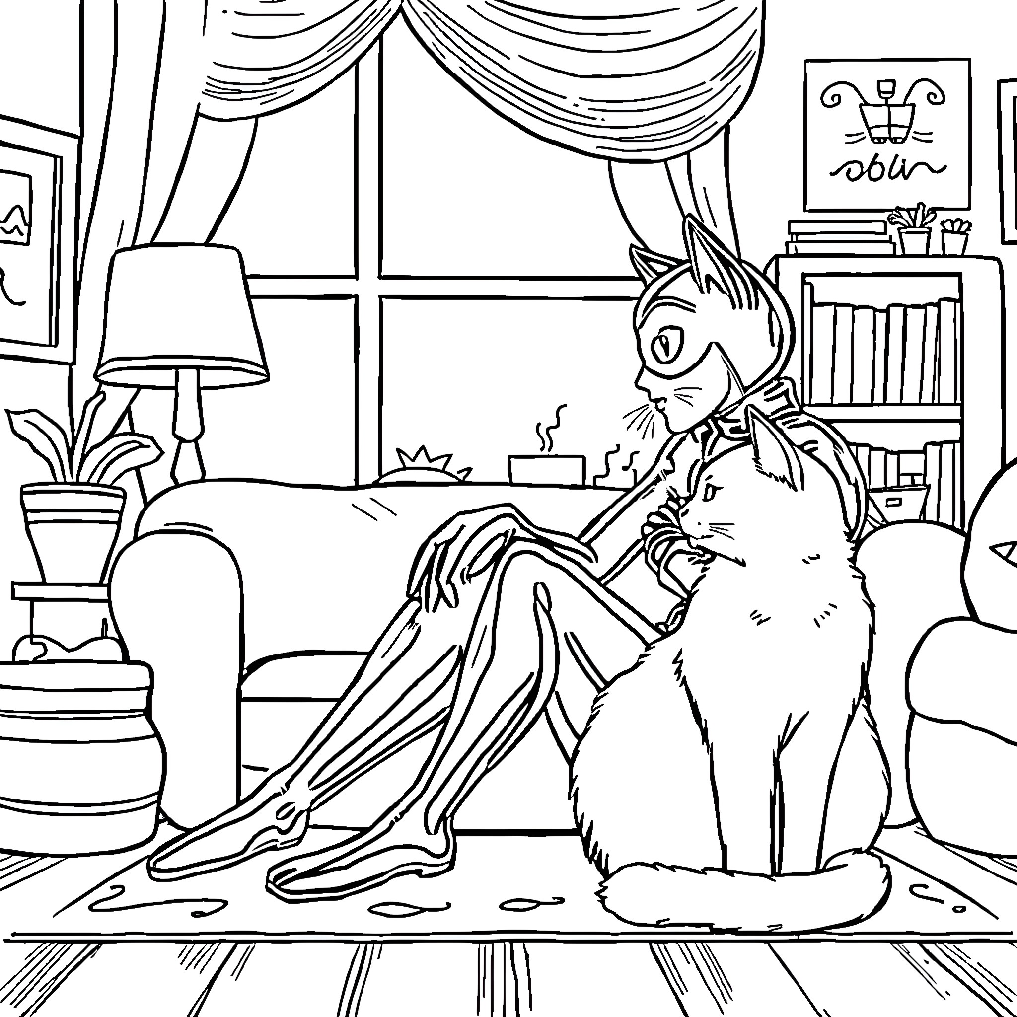 Cat relaxing in cozy indoor setting Coloring Page (free black-and-white line drawing printable PDF for all, from beginners to advanced learners, including children, teens, adults, and seniors)