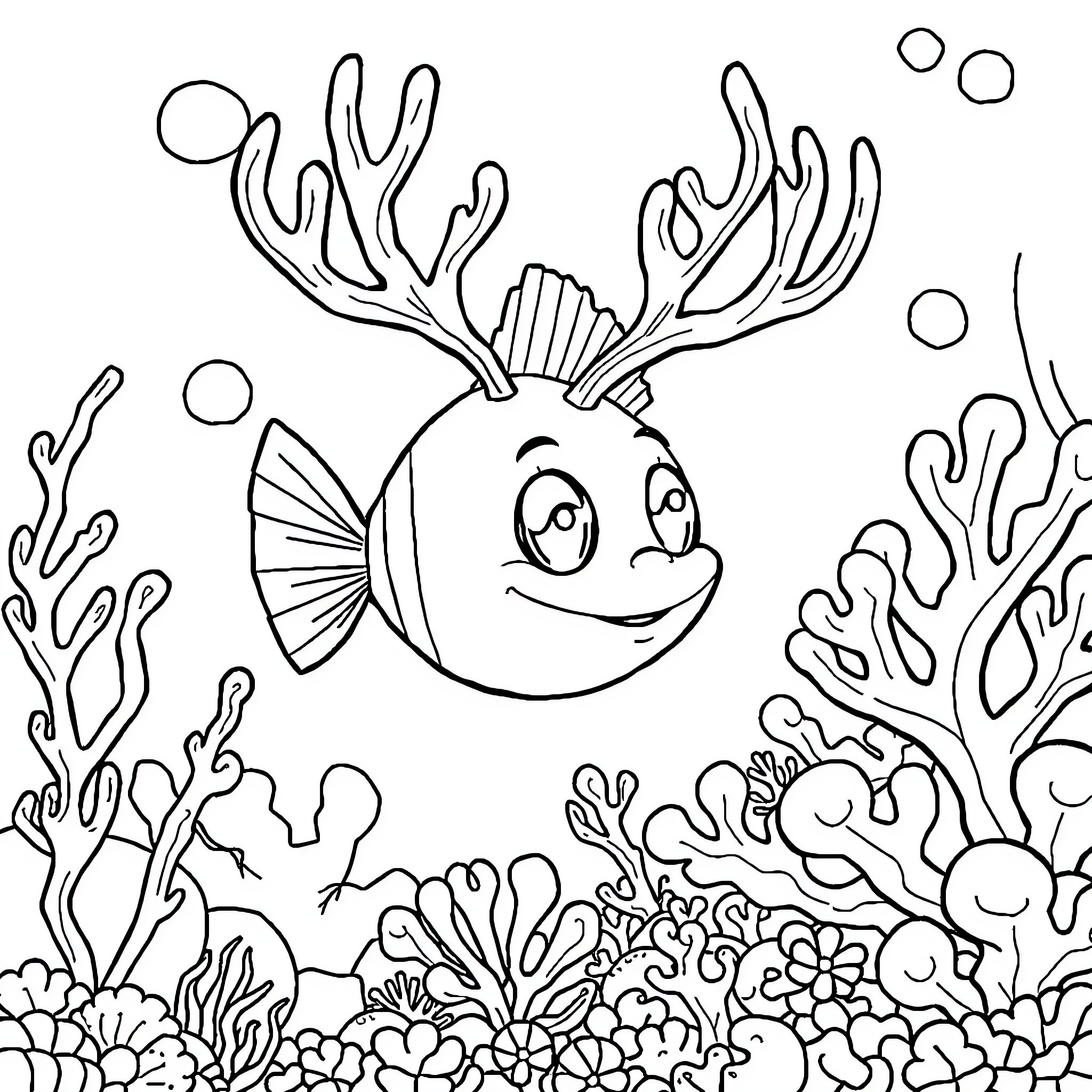 Antlerfish swimming happily among coral reef Coloring Page (free black-and-white line drawing printable PDF for all, from beginners to advanced learners, including children, teens, adults, and seniors)