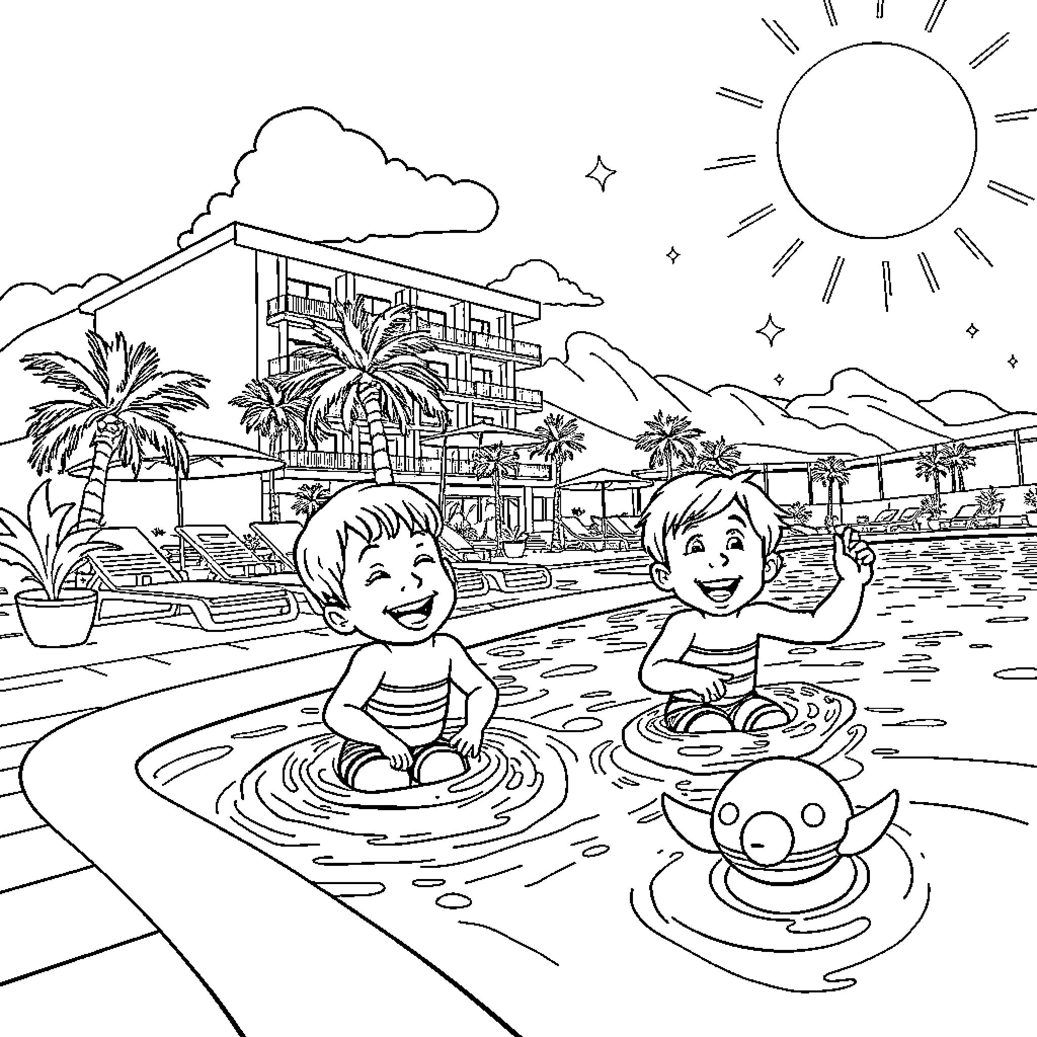 Kid Playing Happily in Poolside Resort Coloring Page (free black-and-white line drawing printable PDF for all, from beginners to advanced learners, including children, teens, adults, and seniors)
