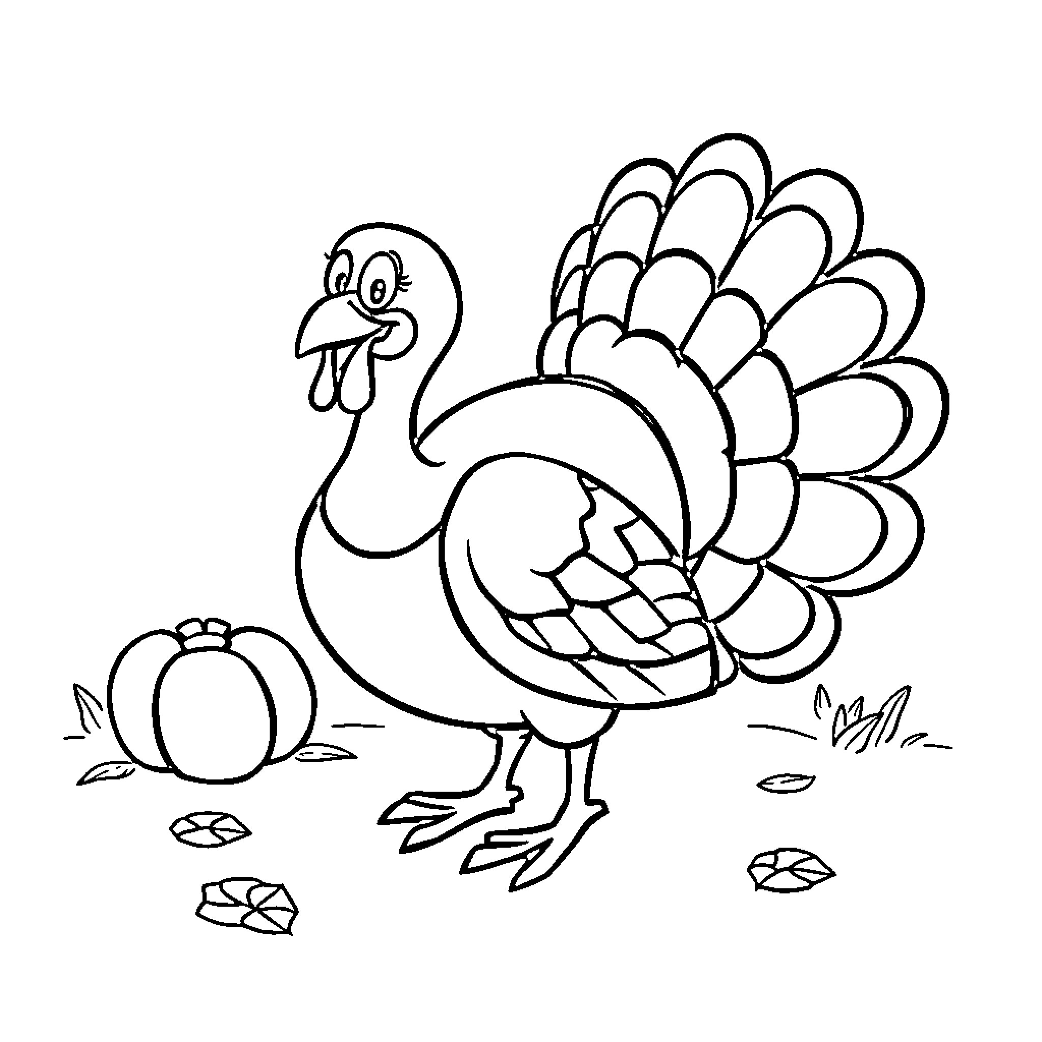 Turkey in a playful outdoor setting Coloring Page (free black-and-white line drawing printable PDF for all, from beginners to advanced learners, including children, teens, adults, and seniors)