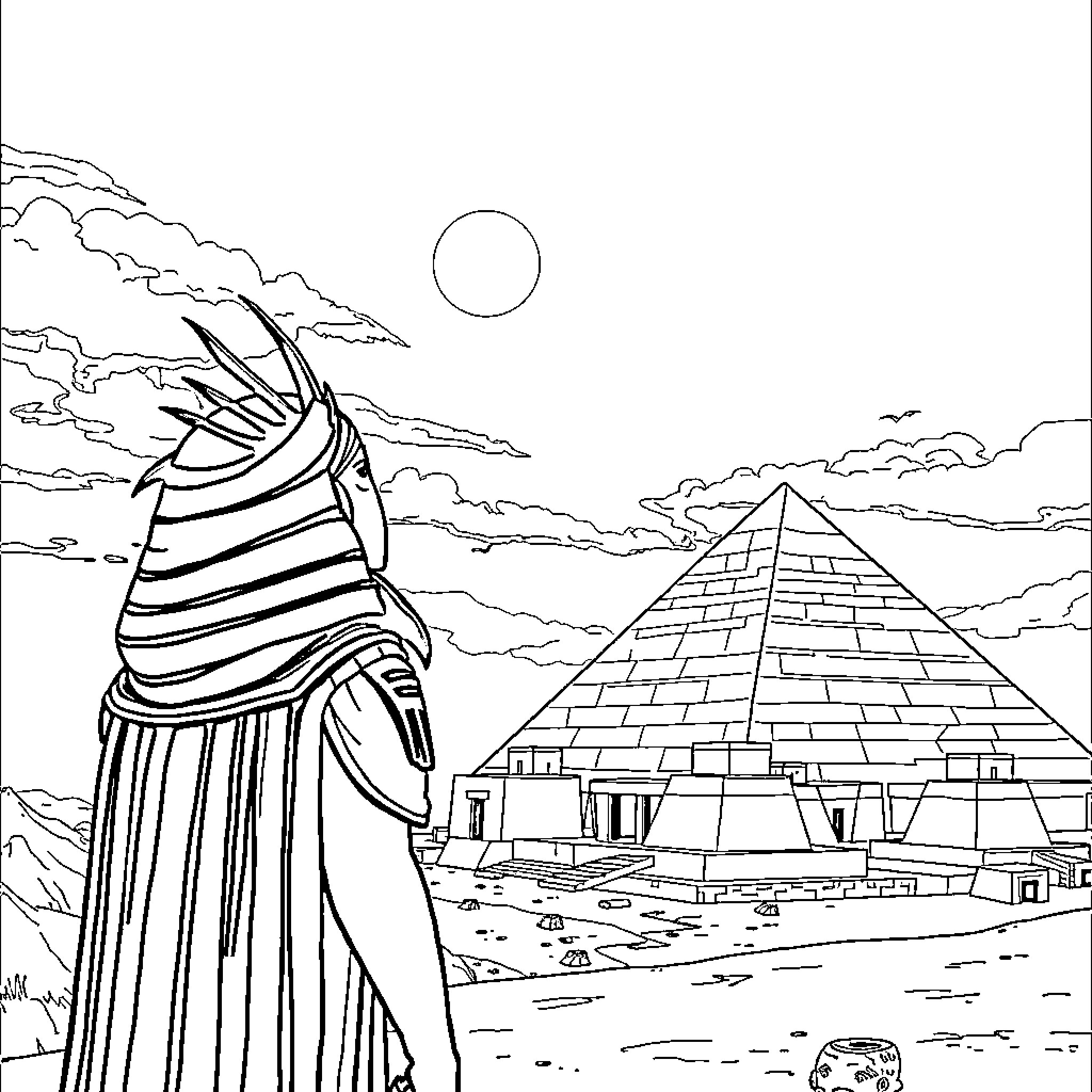 Faraón admiring the Pyramids of Giza Coloring Page (free black-and-white line drawing printable PDF for all, from beginners to advanced learners, including children, teens, adults, and seniors)