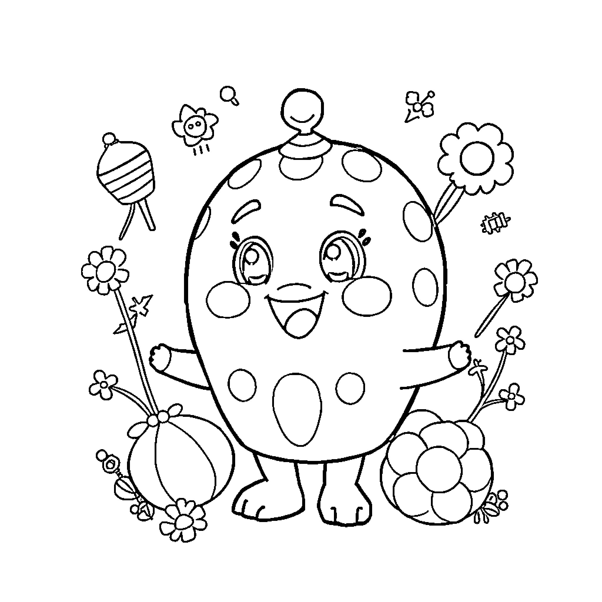 Labubu's Cheerful Flower Garden Adventure Coloring Page (free black-and-white line drawing printable PDF for all, from beginners to advanced learners, including children, teens, adults, and seniors)