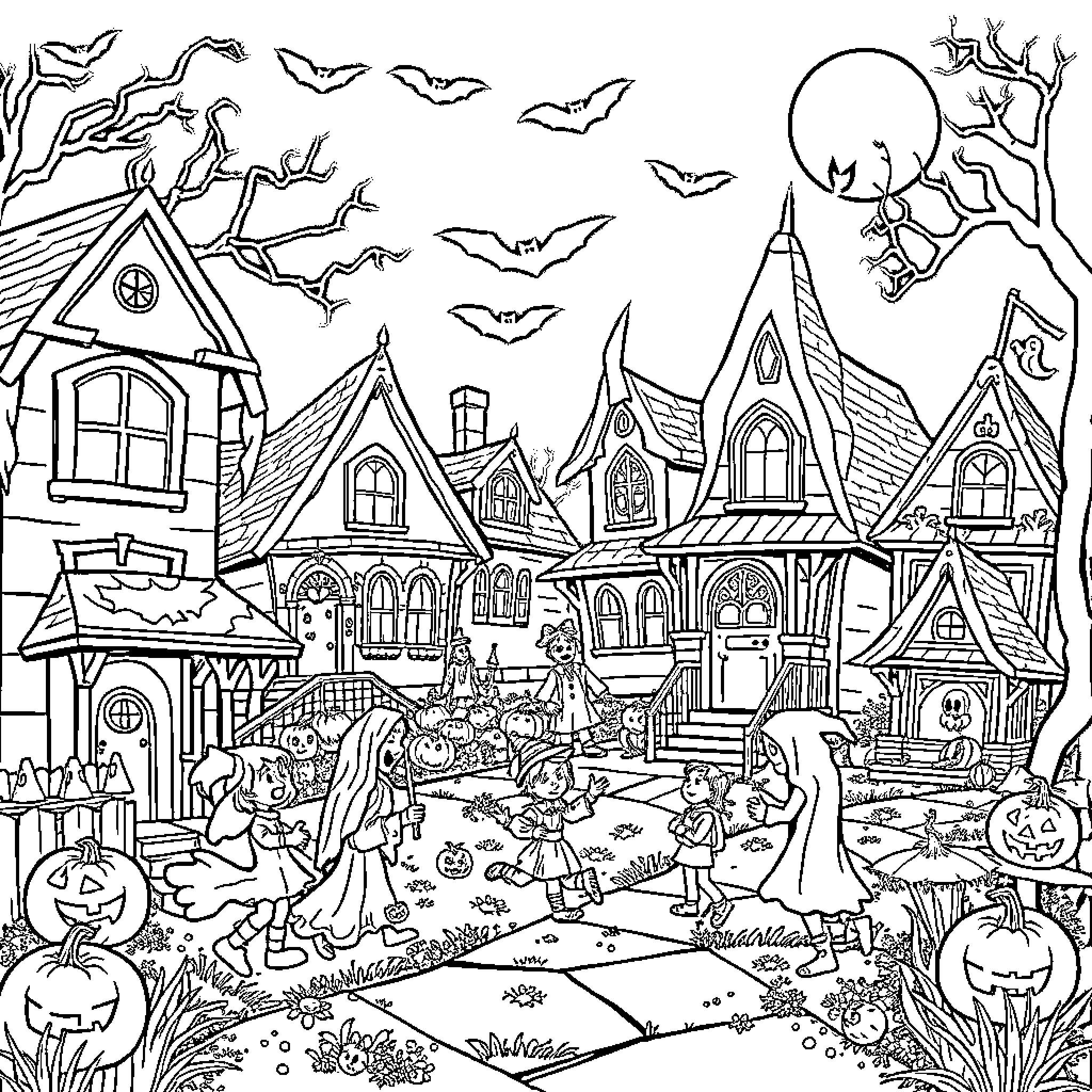 Halloween spooky town with haunted houses and bats Coloring Page (free black-and-white line drawing printable PDF for all, from beginners to advanced learners, including children, teens, adults, and seniors)