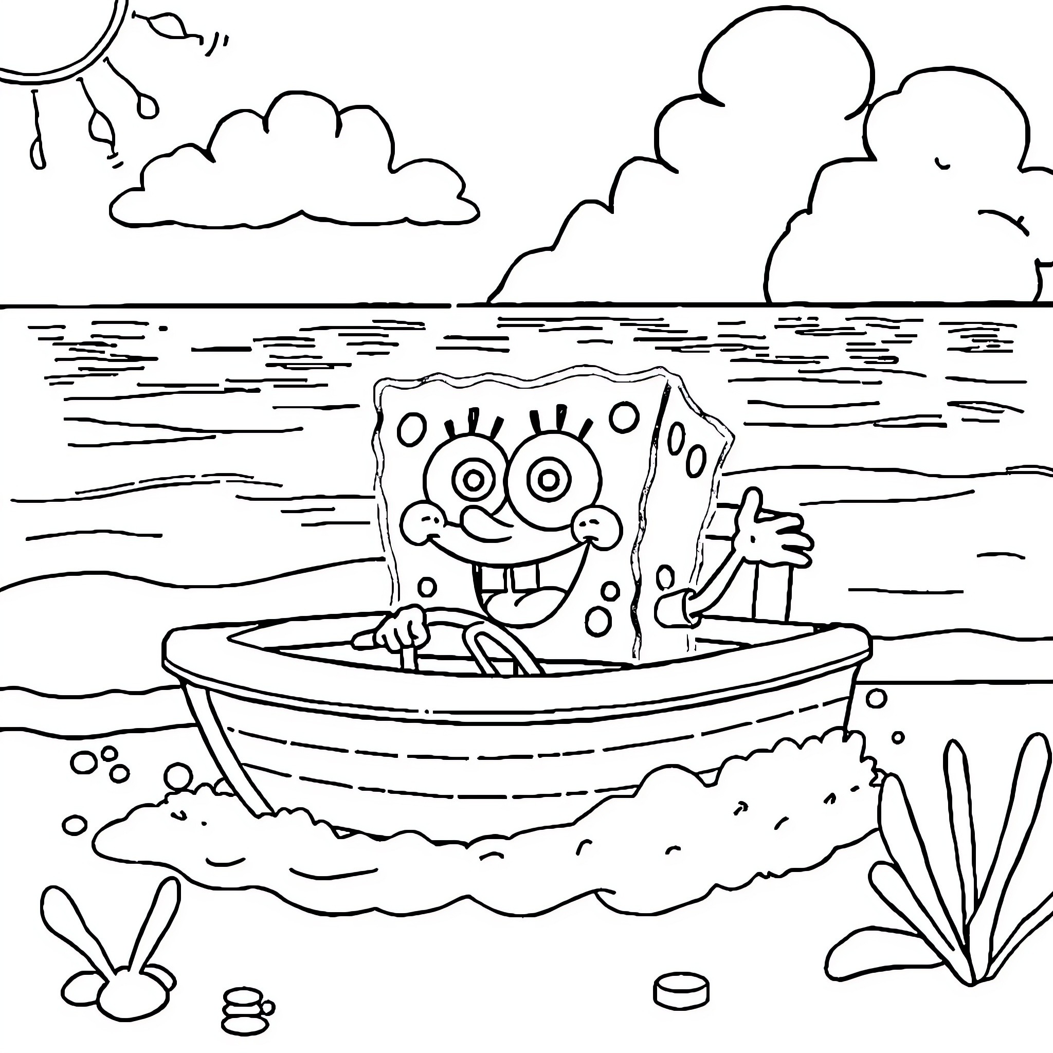 Spongebob goofing around in a boat on the sea Coloring Page (free black-and-white line drawing printable PDF for all, from beginners to advanced learners, including children, teens, adults, and seniors)